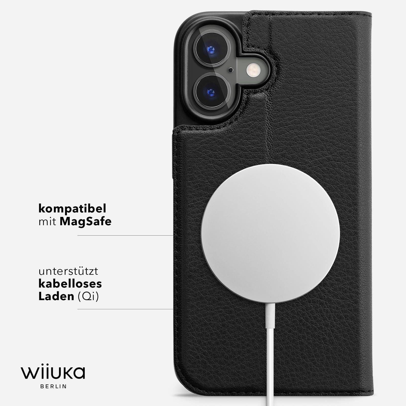 WIIUKA Hülle für iPhone 17, Leder aus Deutschland, mit Kartenfach, extra Dünn, Handyhülle mit Standfunktion, Tasche, Klapphülle, suiit, Schwarz