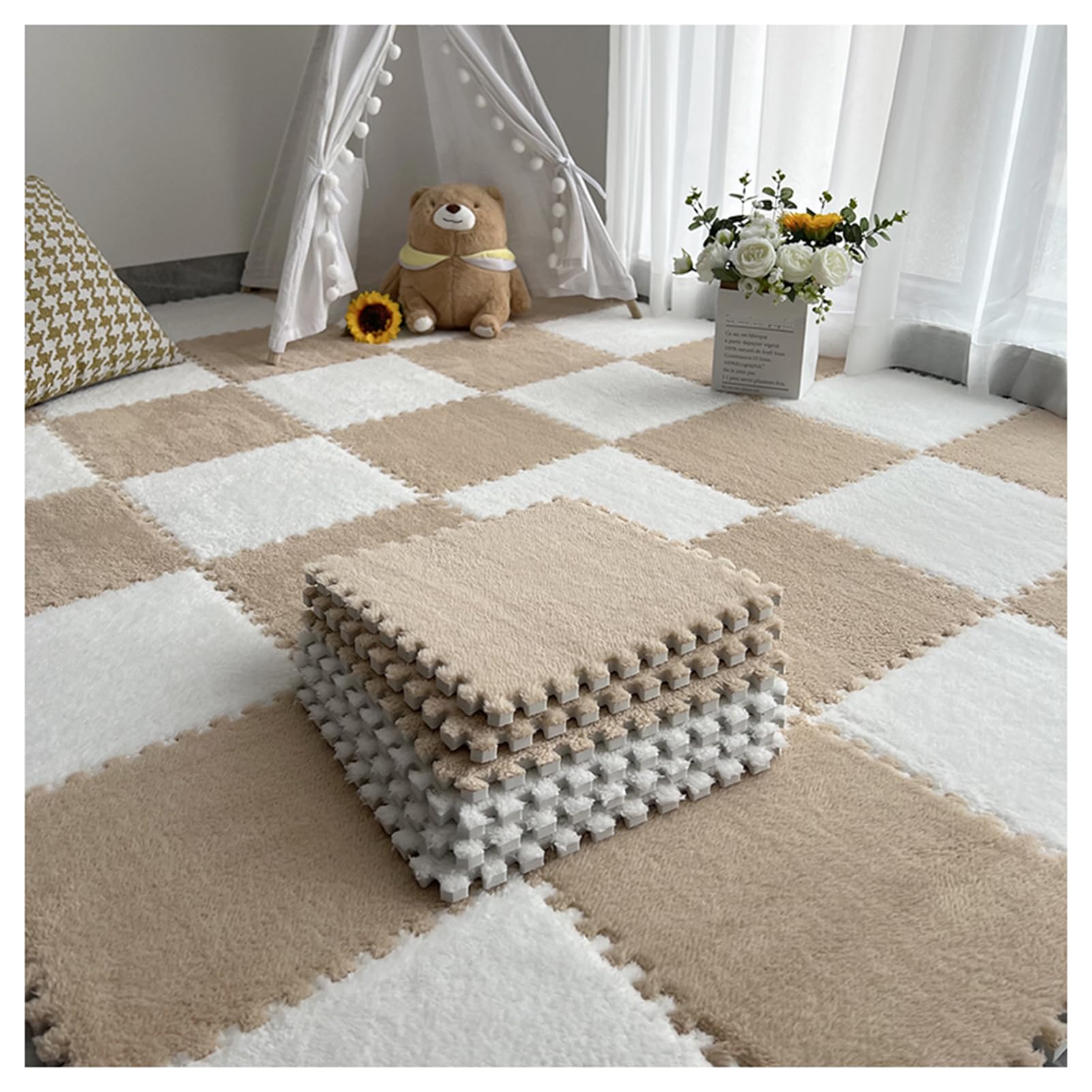Mata piankowa, 12 sztuk, grube i puszyste kwadratowe płytki dywanowe z pianki, podkładki podłogowe, miękkie i antypoślizgowe maty do gry w puzzle, 30 x 30 cm (kolor: mar