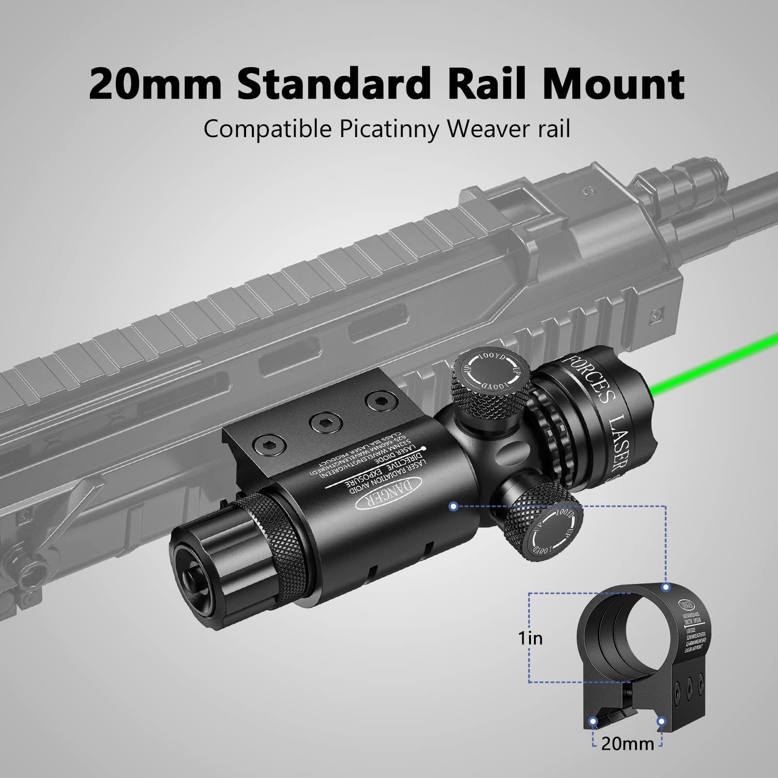 KinZon Lunette de visée Laser Vert/Rouge Tactique 532nm avec Support Picatinny 20mm et Adaptateur de Support d'anneau, pour Fusil Chasse et Airsoft