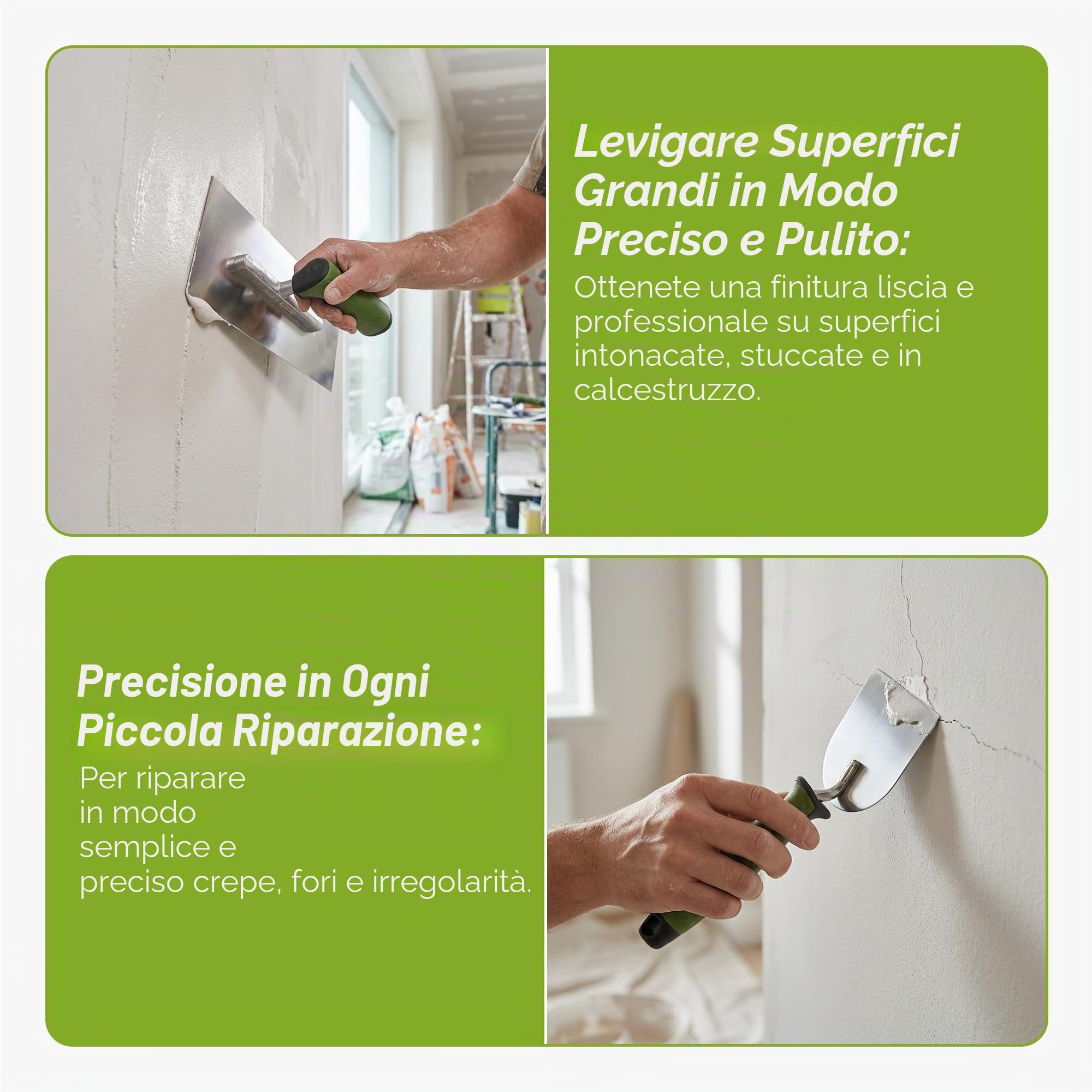Colorus Set di 8 cazzuole da muratore e stuccatore in acciaio inossidabile, spatola liscia, spatola per gesso, tazza per stuccare