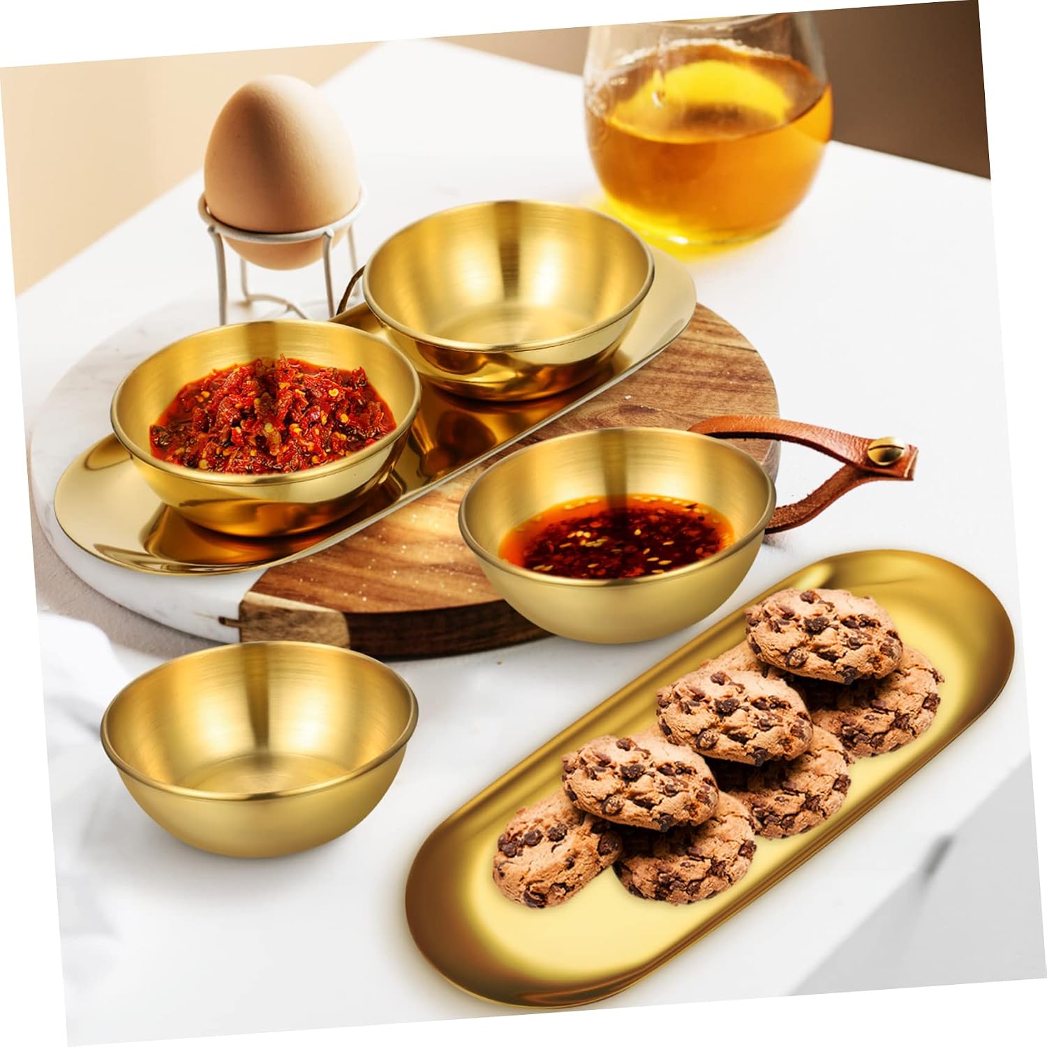 Unomor 6Pcs Stainless Steel Sauce Dishes with Decorative Trays Small Dip Bowls for Sushi Seasoning and Condiments for Dinner Parties and Buffets