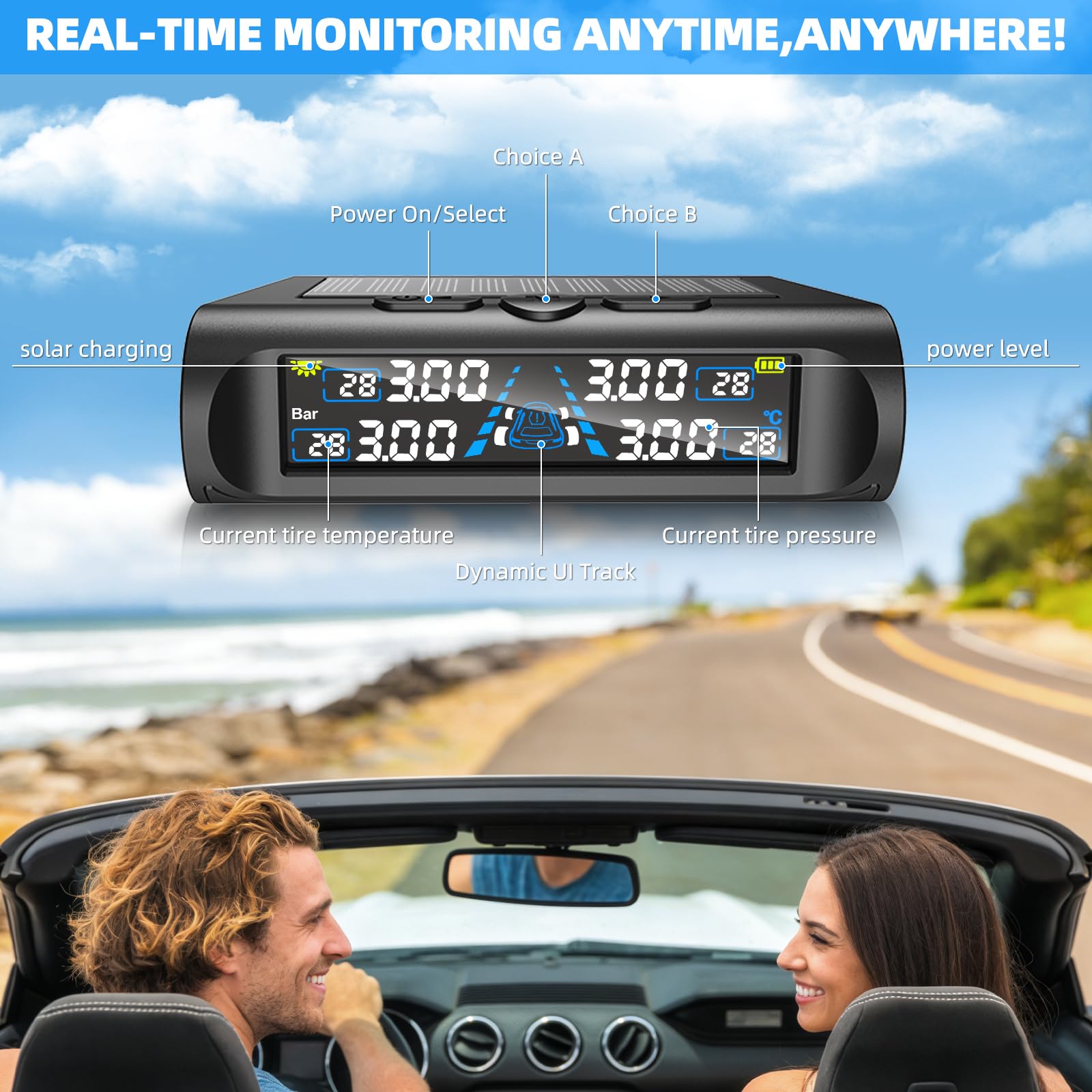 TPMS Sistema di monitoraggio della pressione dei pneumatici con traccia dinamica UL, monitor della pressione dei pneumatici solare con modalità di allarme, sensore impermeabile IPX7, 0-98 PSi