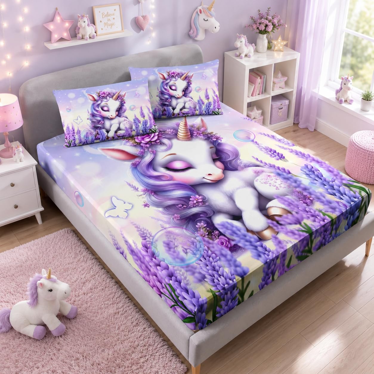 Cartoon Unicorn Bedding Queen Size for Girls Room Decor,Lavender Flash Kids Fitted Sheet Sets,1 Fitted Sheet+2 Pillowcases.