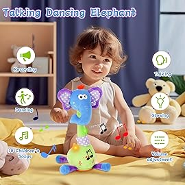 LUKETURE Dancing Talking Elephant Plush, Interactive Stuffed Animal Toy, Musical Plush with Record & Repeat, Sings 10 Songs, LED Lights