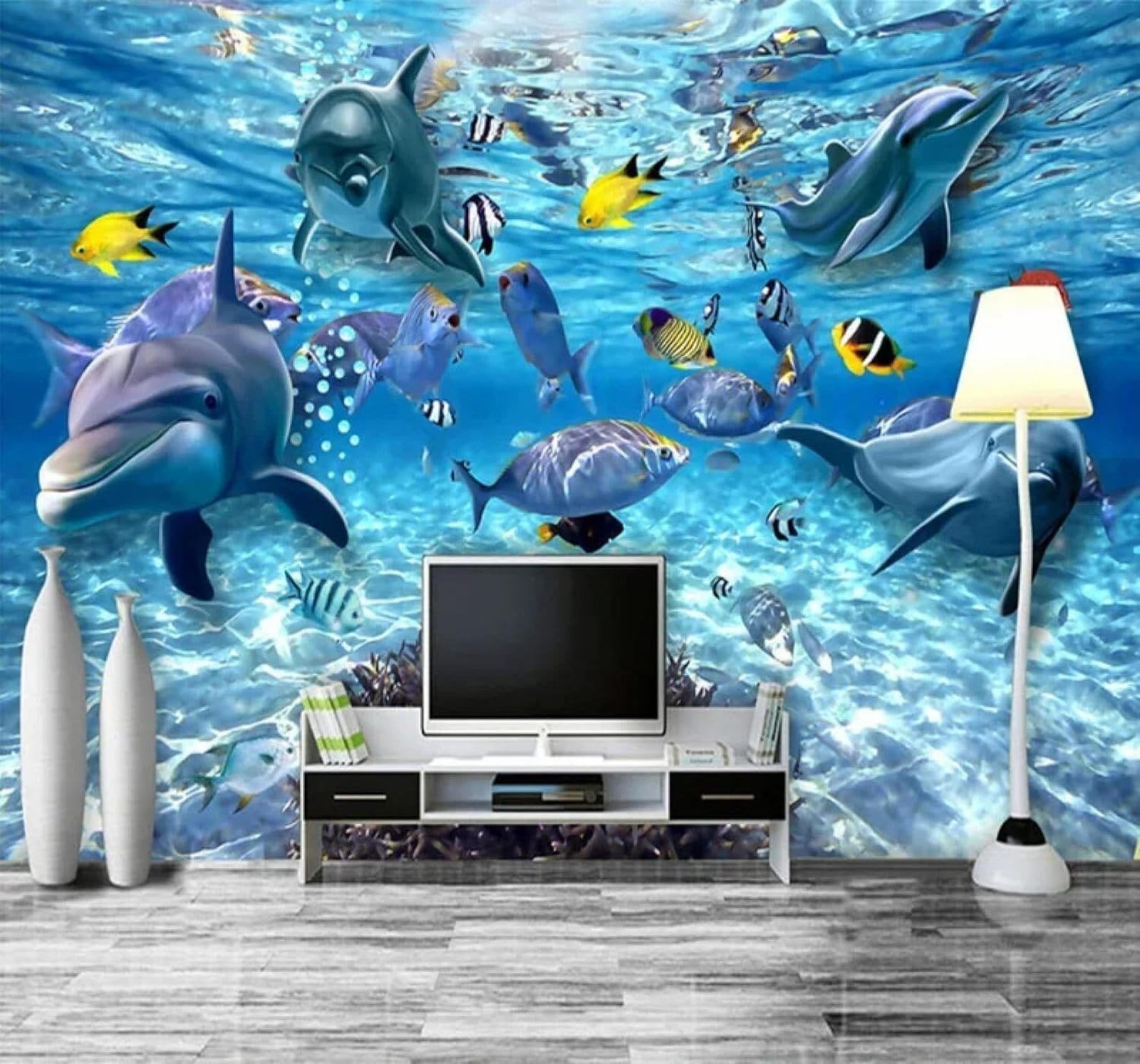 XLMING Beautiful Blue Underwater World Dolphins Schools of Fish 3D Wallpaper Silky Texture Home Study Office Grey Dining Room Sofa Bedroom Living Room TV Backdrop-400cm×280cm