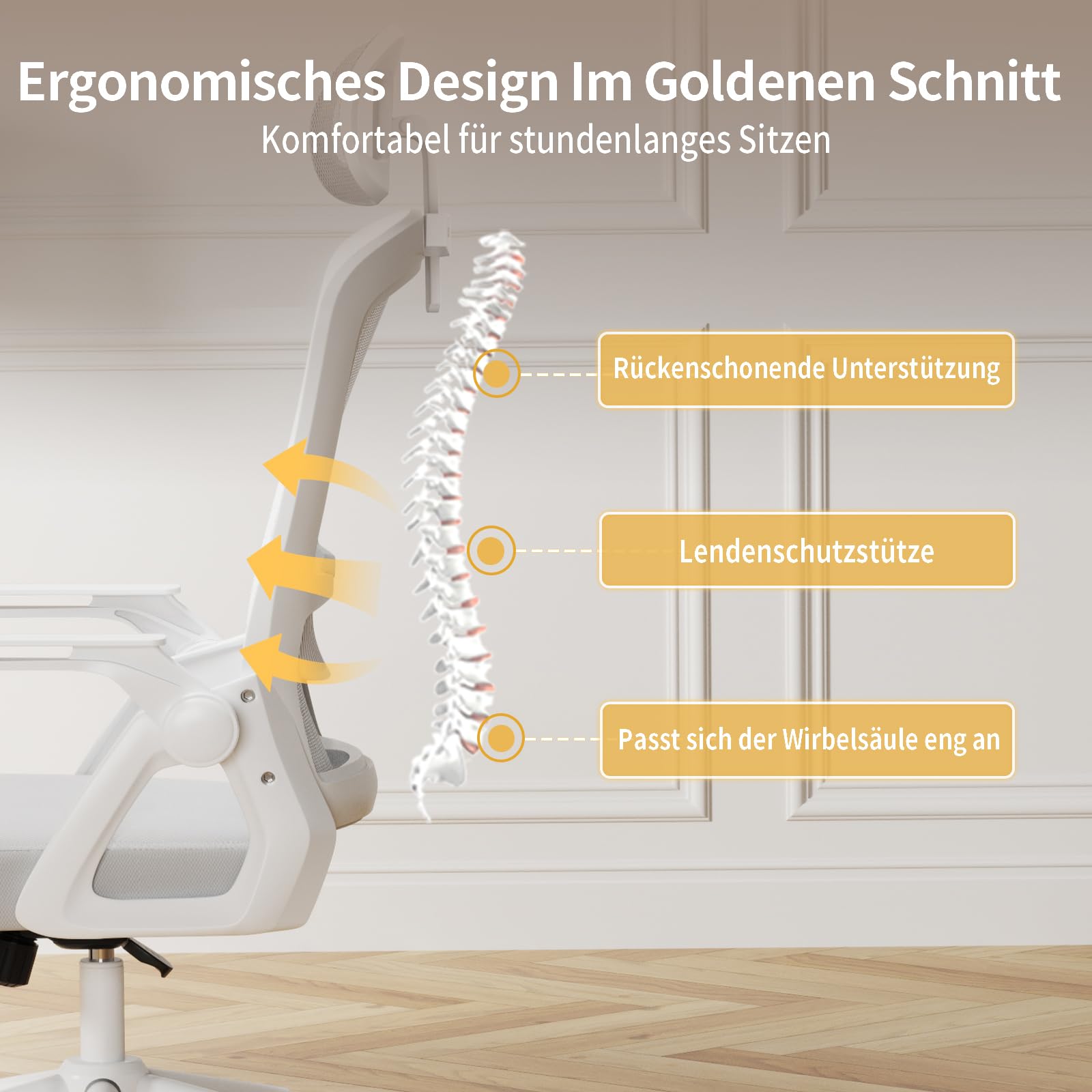 naspaluro Ergonomischer Bürostuhl, Schreibtischstuhl für Homeoffice | Mit Lordosenstütze & verstellbarer Kopfstütze, atmungsaktiver Mesh-Rücken, hochklappbare Armlehnen, höhenverstellbar