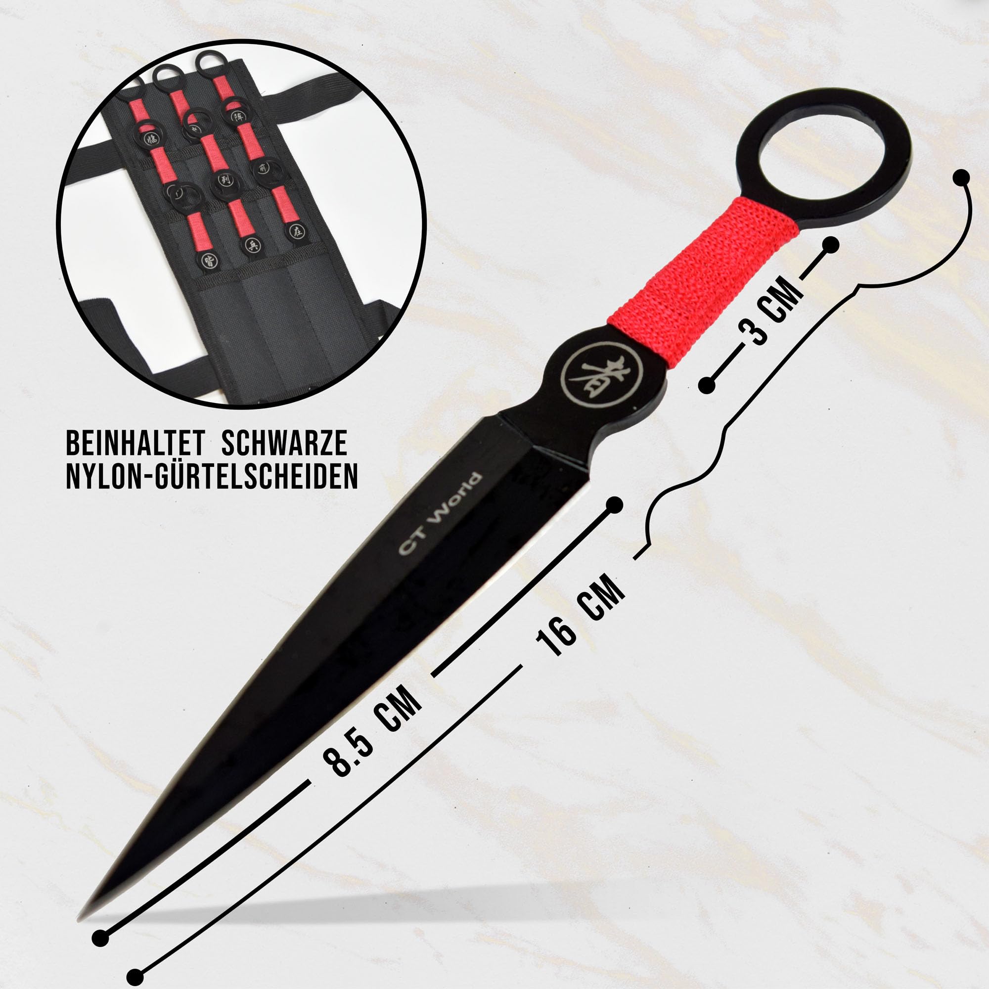 Swords and more 9-teiliges Outdoor-Messer-Set aus Edelstahl mit Zielscheibe – kompakte Campingmesser mit Gürtelscheide und rutschfestem Griff – Ideal für Outdoor, Camping & Cosplay – Schwarz