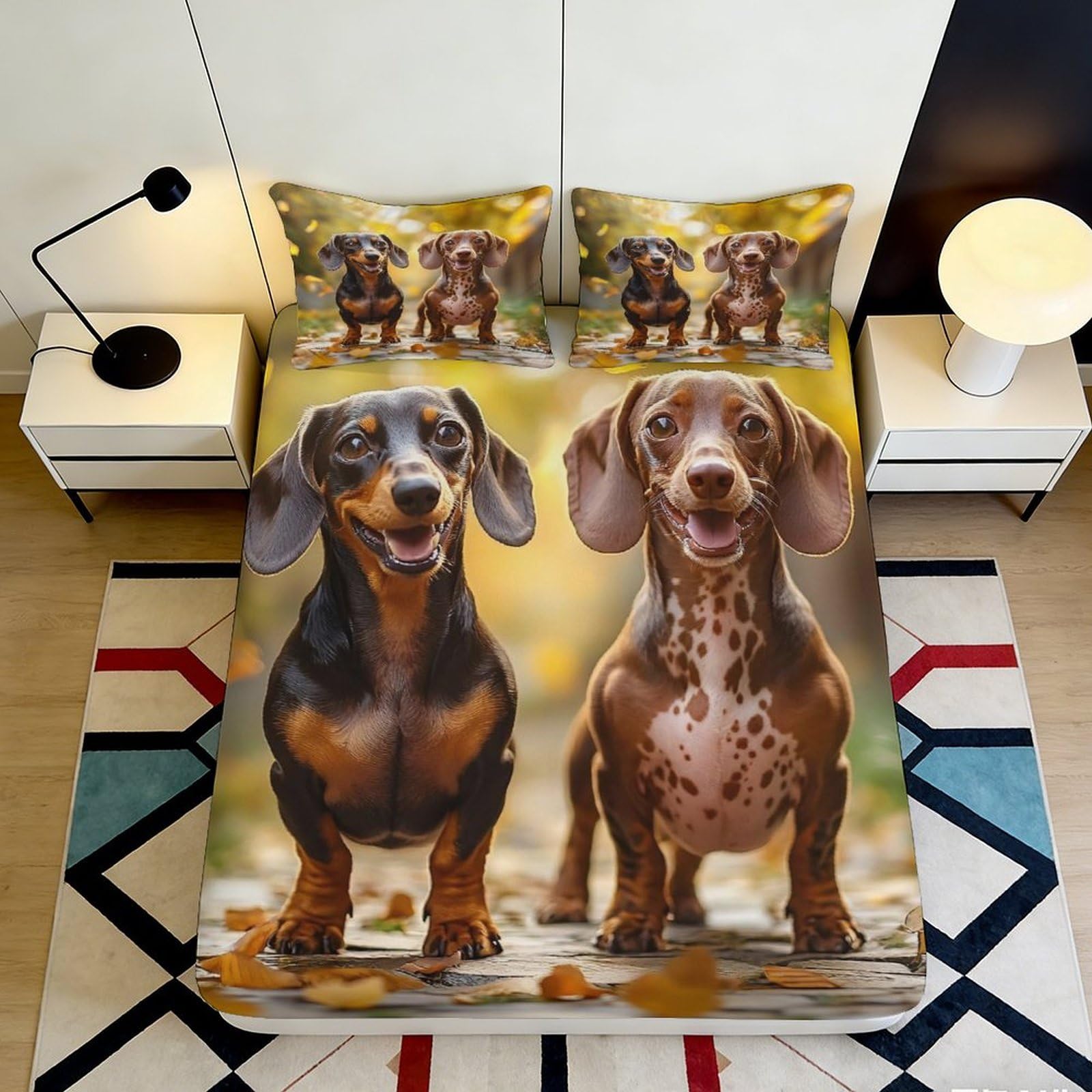 3D Printed Dachshund Dog Fitted Sheet Microfiber Autumn Leaves Bed Cover for Bedroom Guest Room Mattress Decor 90x200x25cm