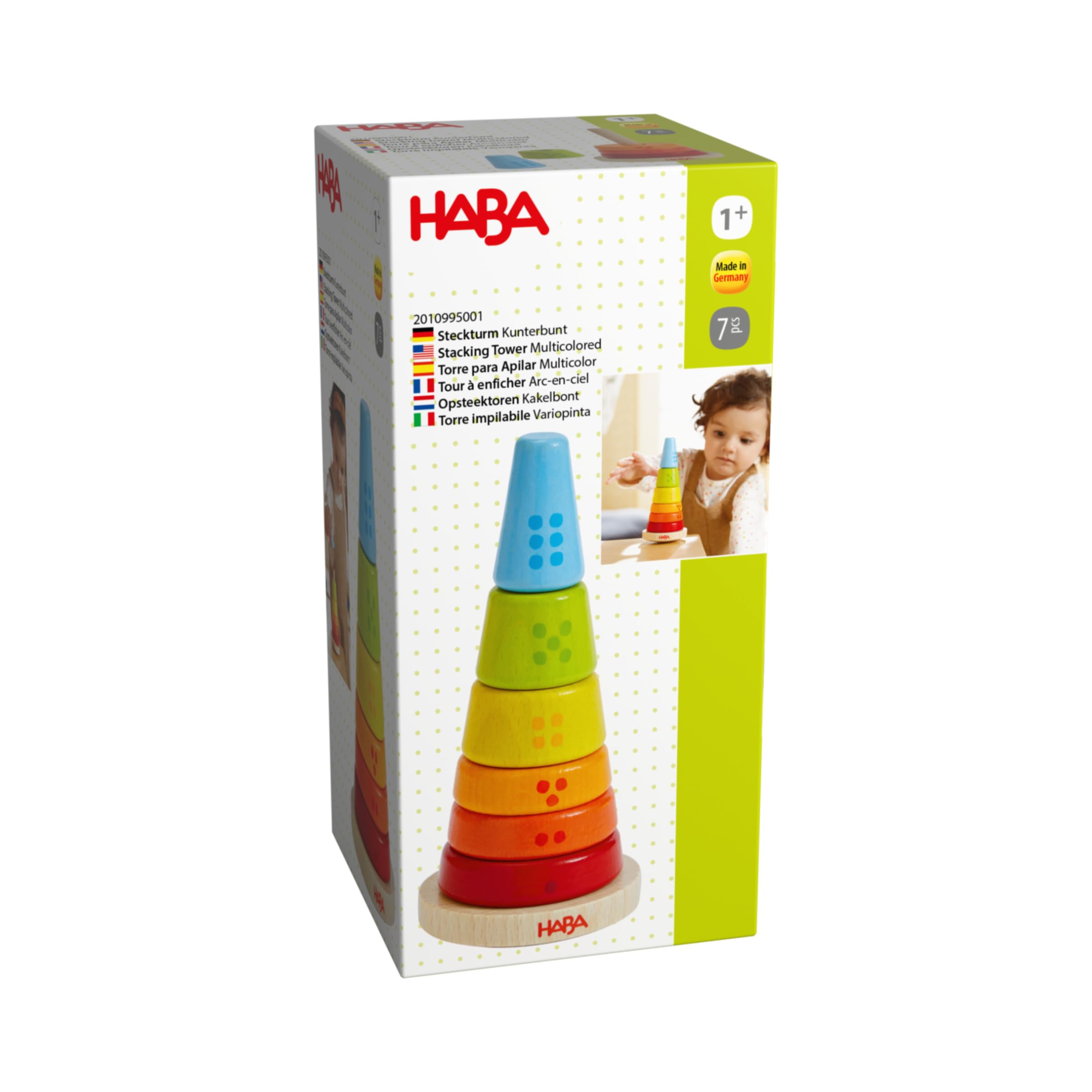 HABA Steckturm Kunterbunt – Motor Skills Toy Made of Colourful Stacking Rings – Wooden Baby Toy – Made in Germany – From 12 Months – 2010995001