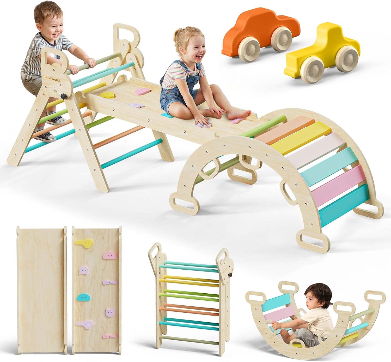 BlueWood 7 in 1 Pikler Triangle Climbing Set with 4 in 1 Indoor Jungle Gym