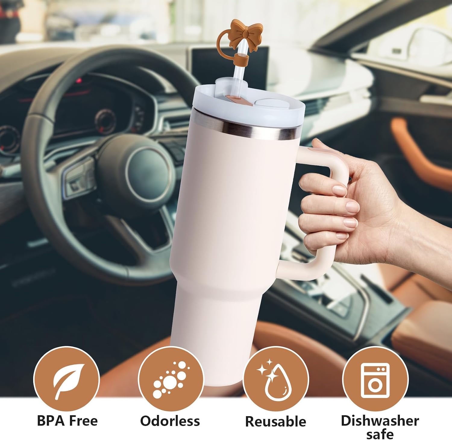 6PCS Bow Straw Toppers, Cute Straws Covers for Stanley 30&40 Oz Tumbler with Handle, 10mm Dust-Proof Reusable Straw Toppers Accessories for Girls Kids (Black Brown Coffee) image 3