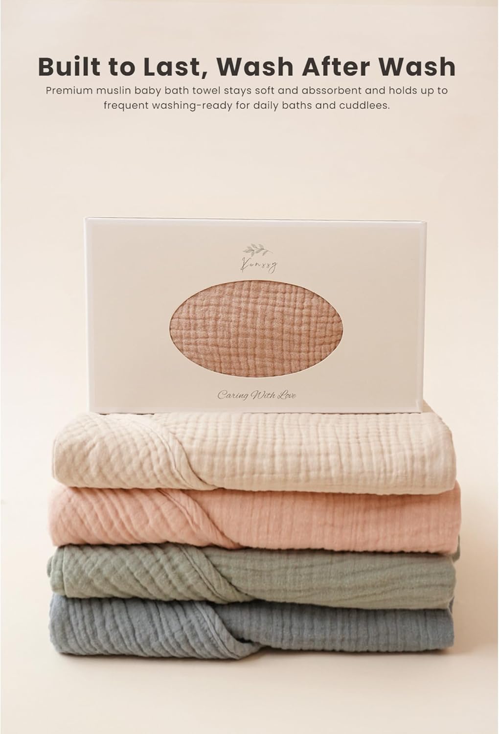 Konssy 2-Pack Muslin Baby Hooded Towels, 100% Cotton, Soft and Absorbent Baby Bath Towels for Newborn, Infant & Toddler with Animal Hooded Design(Bunny & Deer) - Image 7