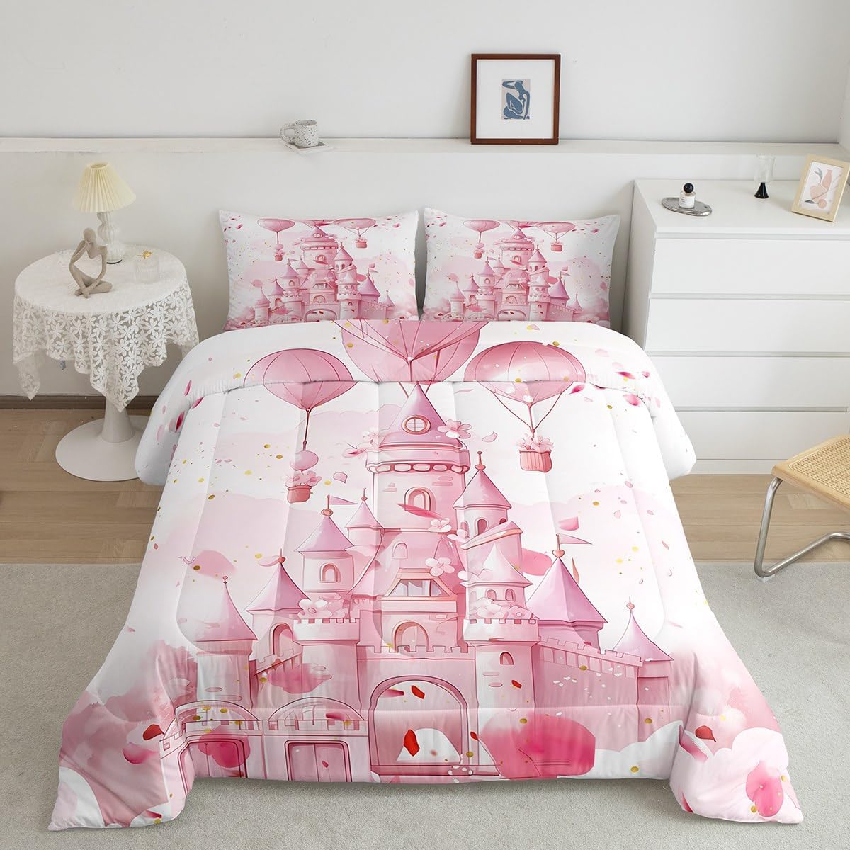 Feelyou Kids Pink Castle Comforter Set Full Size, Princess Bedding Set Boys Girls Fairy Tales Duvet Insert Teens Bedroom Decor 3Pcs