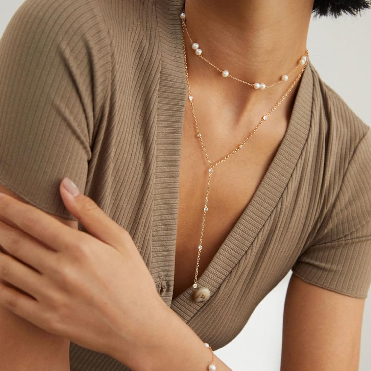 KissYan Gold Lariat Necklace for Women, Dainty 14K Gold Plated Y Shaped Cuban Chain Layered Long CZ Drop Pendant Choker Necklaces Fashion Jewelry Gifts - Image 2