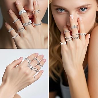 Gold/Silver Jewelry Set for Women Layered Bracelets Ball Dangle Hoop Earrings Stackable Knuckle Rings Set Dainty Adjustable Necklaces Valentine Anniversary Trendy Party Costume Accessories Jewelry