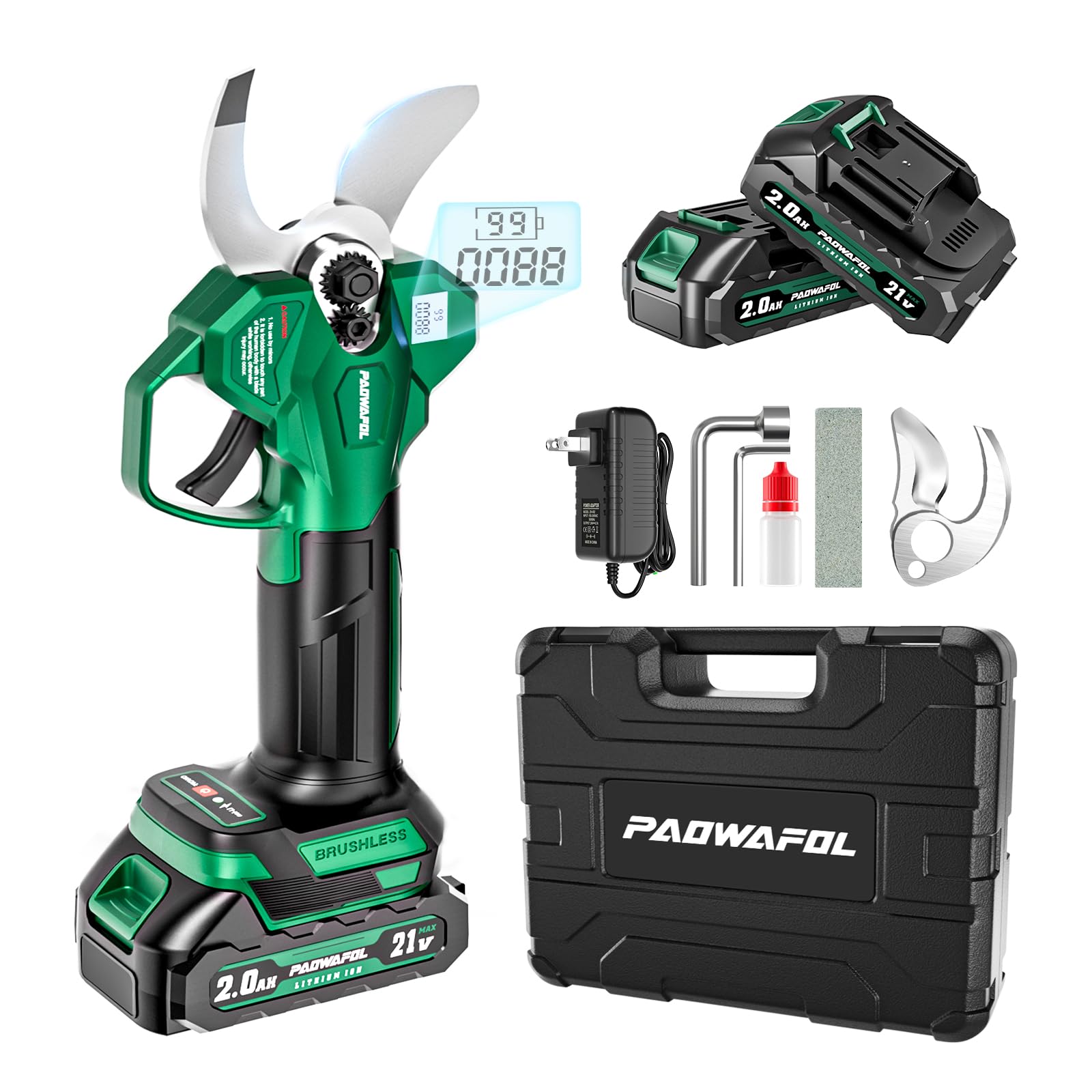 Akku Astschere, Elektrische Gartenschere mit 41 mm max. Schnittdurchmesser elektrische schere mit 2*2000 mAh Batterien, LCD-Display bürstenlosem Motor und Ersatzklinge, für Äste und Obstbäume