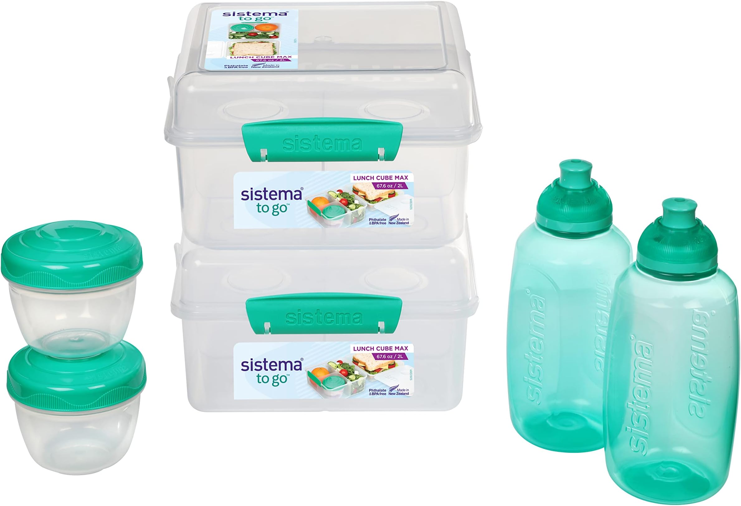 Lunch Containers Bento Box with Condiment and Sandwich Containers, 2 Water Bottles, Dishwasher Safe, Blue/Green