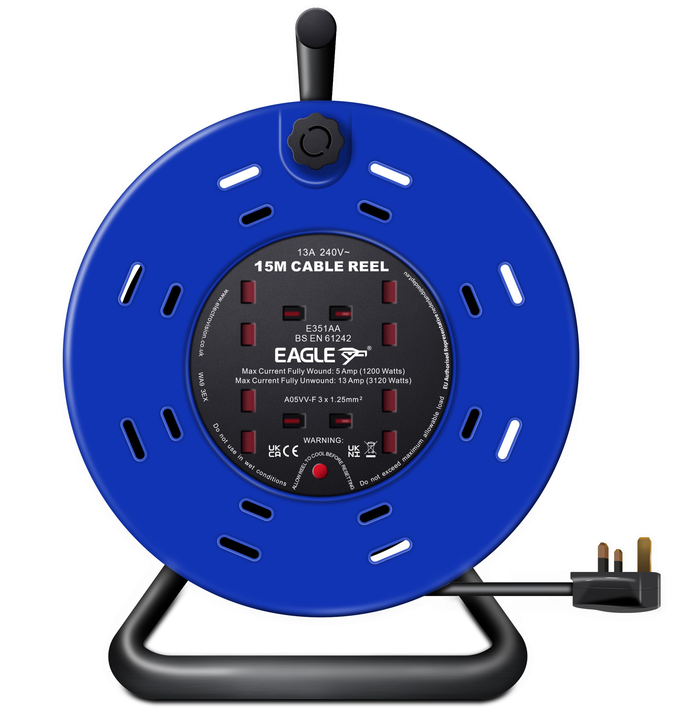 Eagle 4 x UK Plug Socket Extension Reel with A Frame Metal Holder, Restable Thermal Safety Cut Out Protection, Cushioned Easy Hold Handle, Winding Handle, UK Plug. Extending Extension Lead 13 Amps 15m