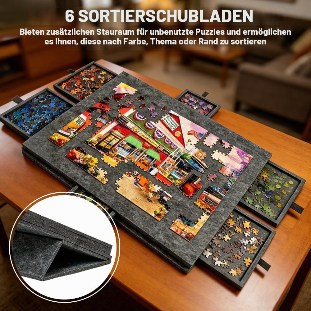 Kippbarer Puzzletisch für 1000 Teile mit 6 Schubladen - Tragbares Puzzlebrett mit 2-in-1-Ständer und Abdeckung, Superleichtes Filz Puzzle Board für Erwachsene, einsetzbar für 500 1500 2000 Puzzleteile