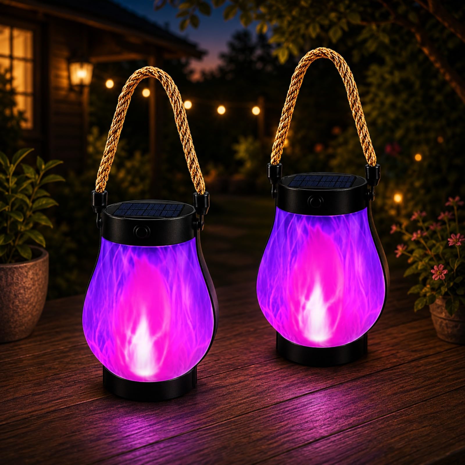 Solar Flame Lantern Outdoor Lights, Waterproof Hanging Lantern with Dancing Flickering Flame, Decorative Garden Light for Patio, Yard, Pathway & Outside Decor (Purple Light (2-Piece Set))