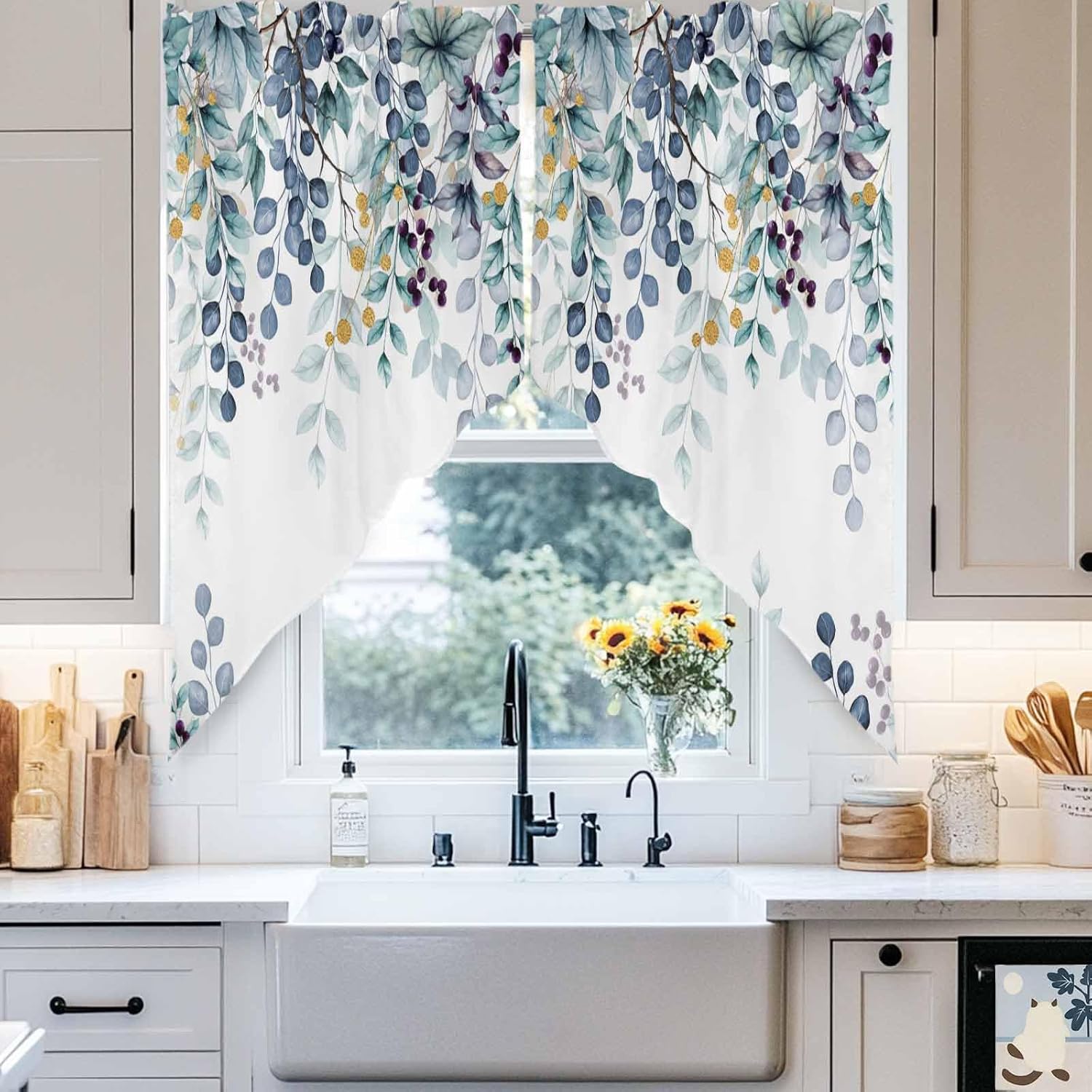 LooPoP Swag Curtain Valances Blue Eucalyptus Leaves Swag Valances for Kitchen Windows Berry Branch Nature Plant Short Topper Curtains Tier Pair for Kitchen Bedroom Living Room Bathroom Cafe 36"x63"