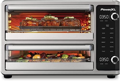 PowerXL SmartSynx - Horno freidora de aire de doble puerta, cocina diferentes alimentos al mismo tiempo, 10 funciones de cocción incluyendo hornear,