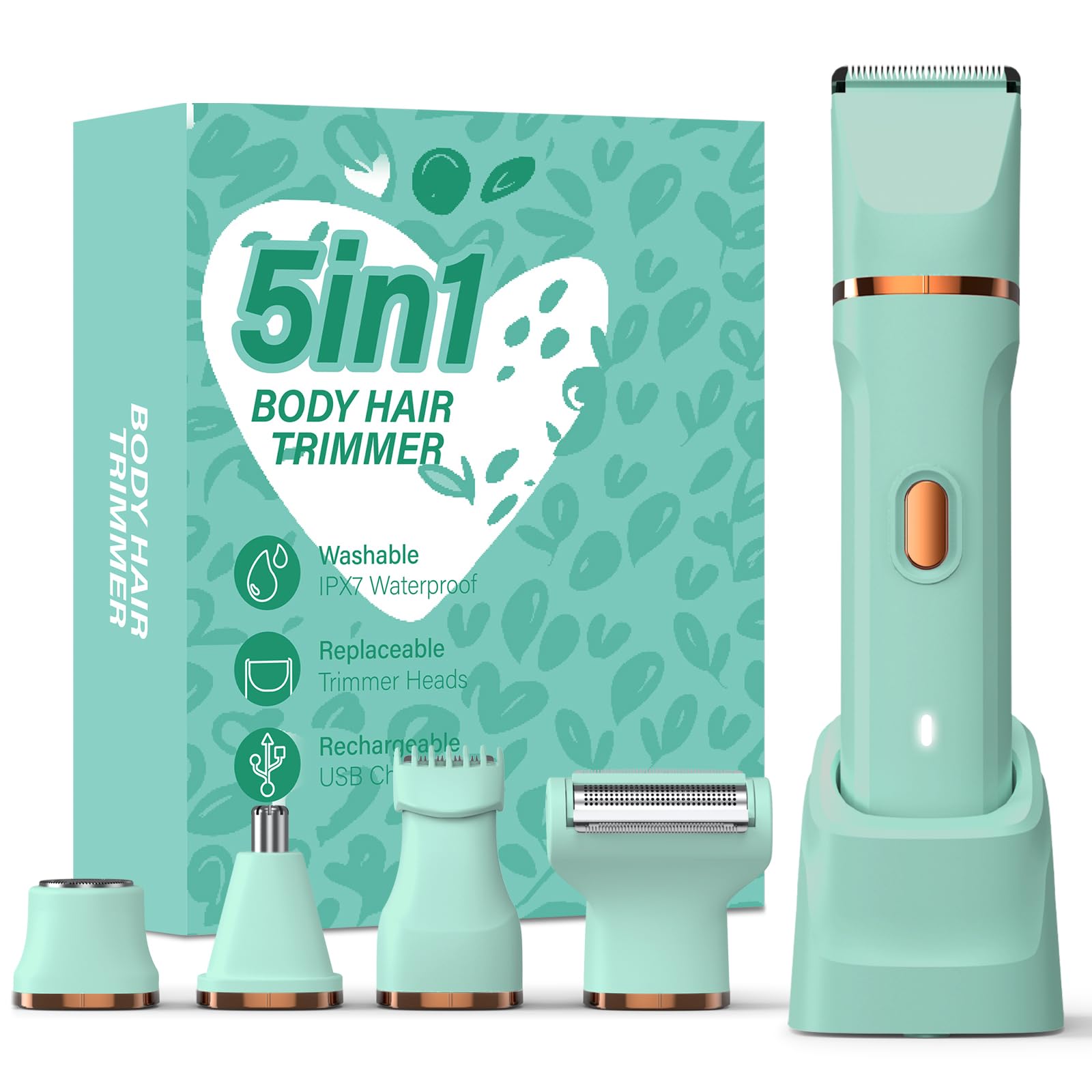 5-in-1 Bikini Trimmer for Women, IPX7 Waterproof Electric Razors Shaver, Cordless Body Hair Trimmer, Facial &amp; Pubic Hair Removal, Ceramic Blade (Pure Green)