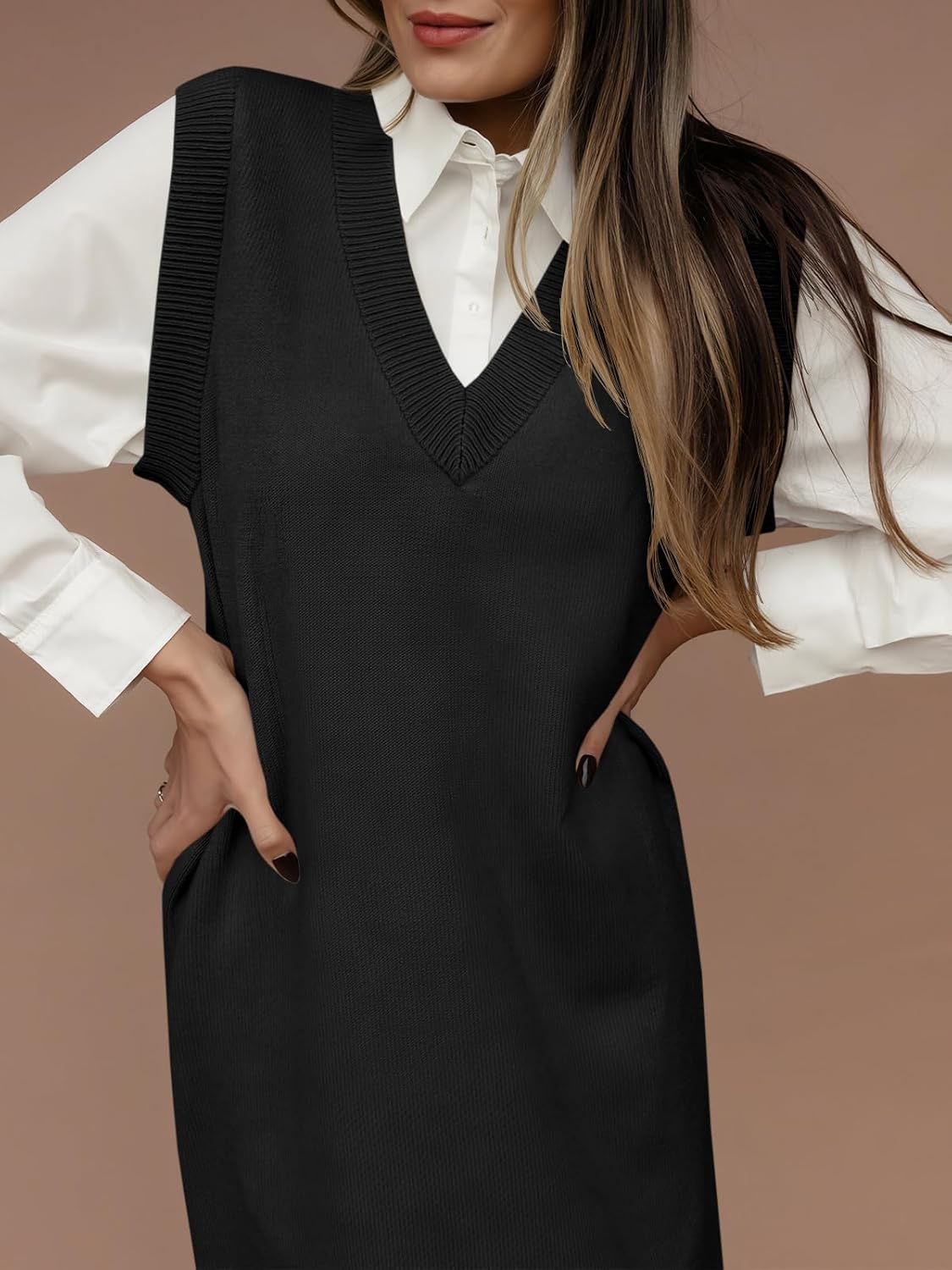 Wenrine Womens Sleeveless Sweater Vest Dress Casual Chunky Knit V Neck Loose Slit Fall Tank Midi Dresses - Image 5