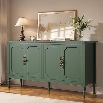 FansaFurn Wood Buffet Sideboard and Media Credenza, Mid Century Modern Console Table with 4 Doors, Pantry Cabinet Accent Storage for Entryway, Living Room, Bedroom, Dining Room, Green1