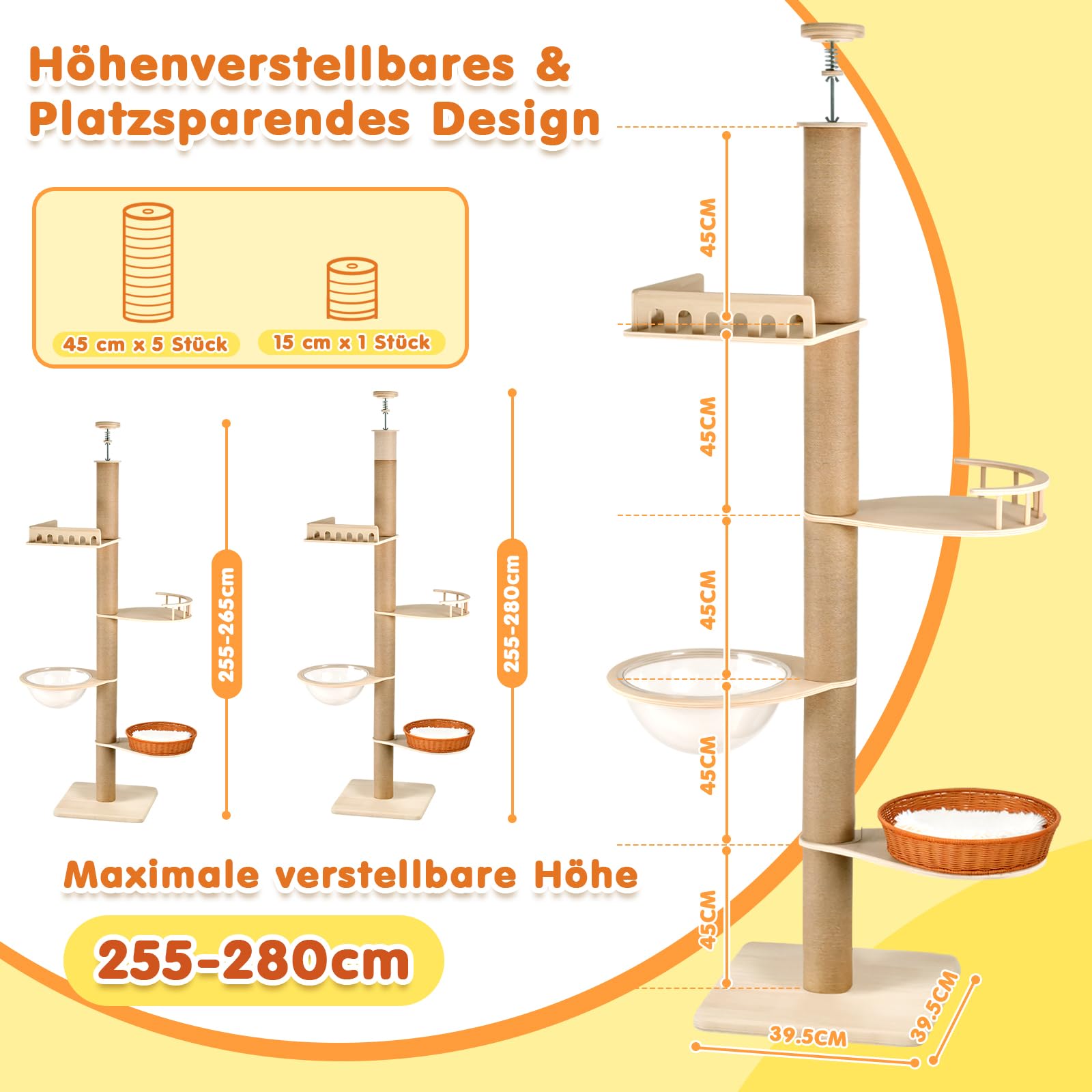 Kratzbaum deckenhoch 255-270cm, höhenverstellbarer 5 Etagen Katzenbaum mit Geländer, Raumkapsel, Rattankorb & Sisal Kratzsäulen, Stabiler Katzenturm