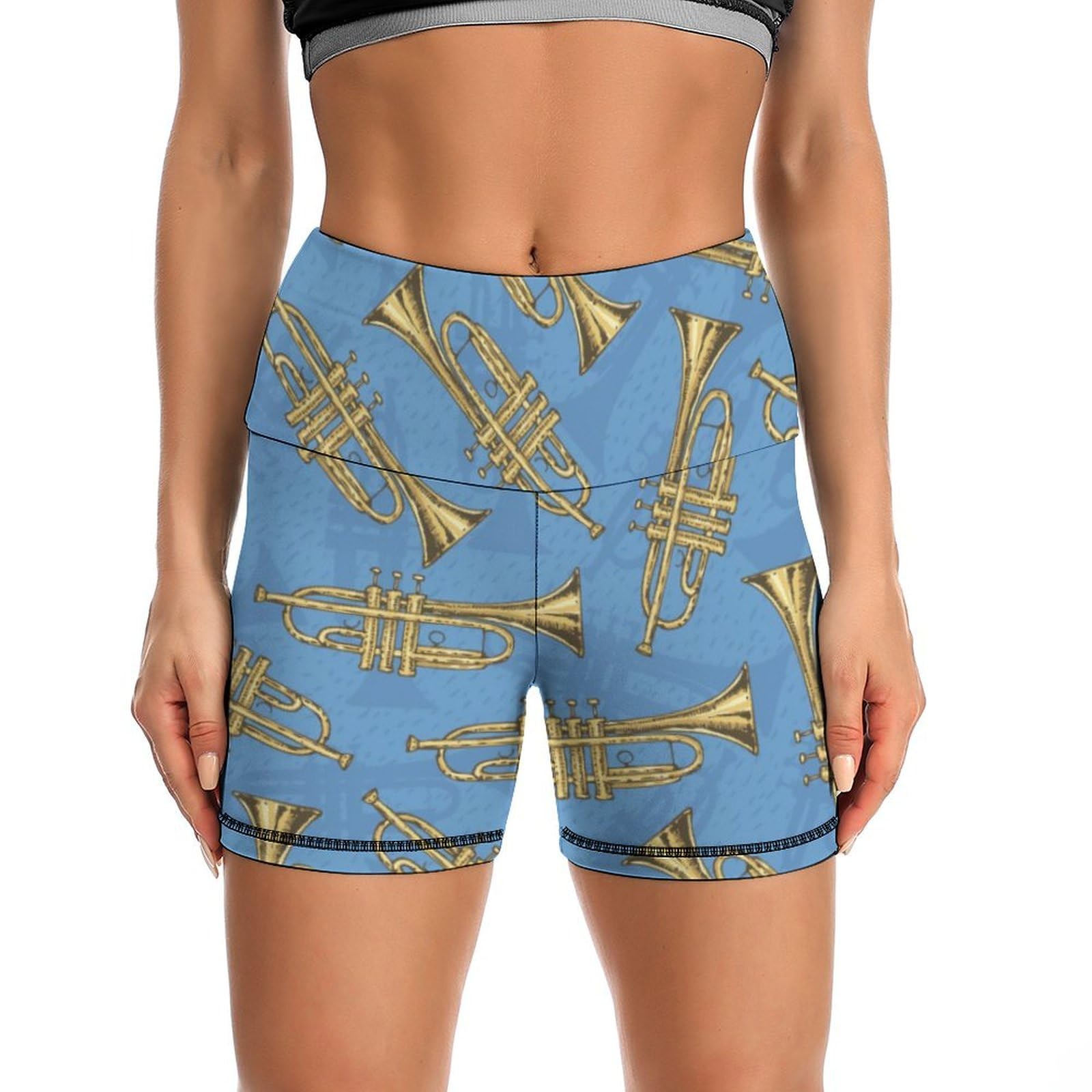 Golden Trombones of Music Notes Pattern High Waist Yoga Shorts for Women Athletic Shorts Leggings Running Pants