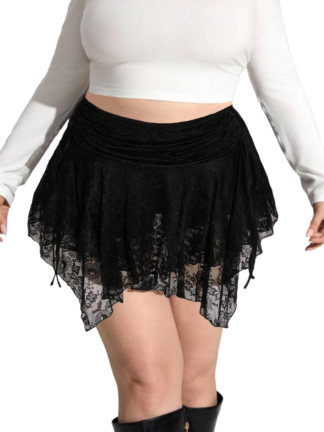 SHENHE Women's Plus Size Lace Gothic Mini Skirt Y2k Ruched Asymmetrical Layered Ruffle Skirt