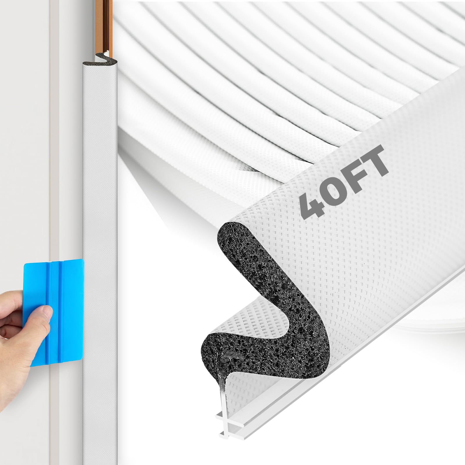 40FT Weather Stripping Door Seal, Kerf Style Foam Strip for Large Gaps, with Scraper Tool for Exterior and Interior Frames, White