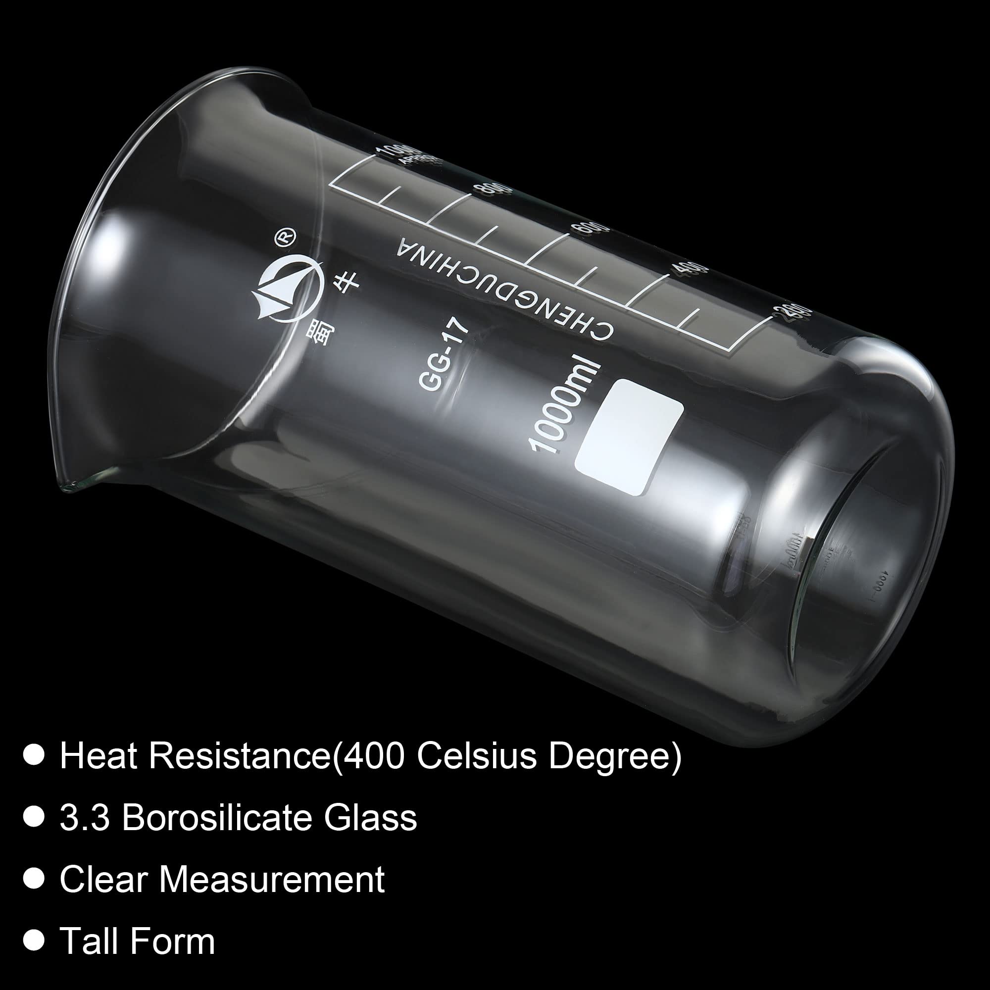PATIKIL 1000ml Alto Forma Vidrio Cubilete, 2 Paquete 3.3 Borosilicato Vidrio Graduado Impreso Escala Medición Tazas con Caño para Cocina Laboratorio Líquidos