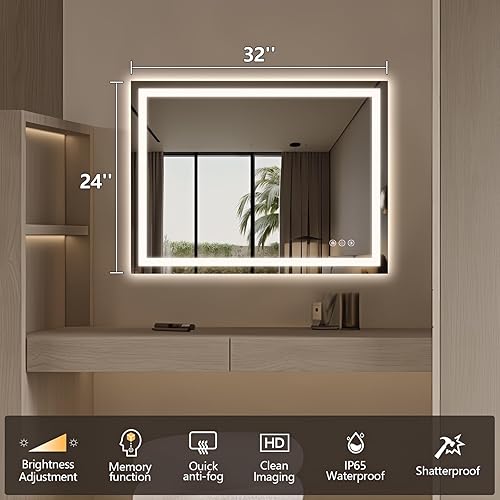 Miniatura 2 de TheiaMo Espejo de baño LED de 32 x 24 pulgadas con luces, espejo de tocador de baño iluminado frontal y retroiluminado para pared, espejo de