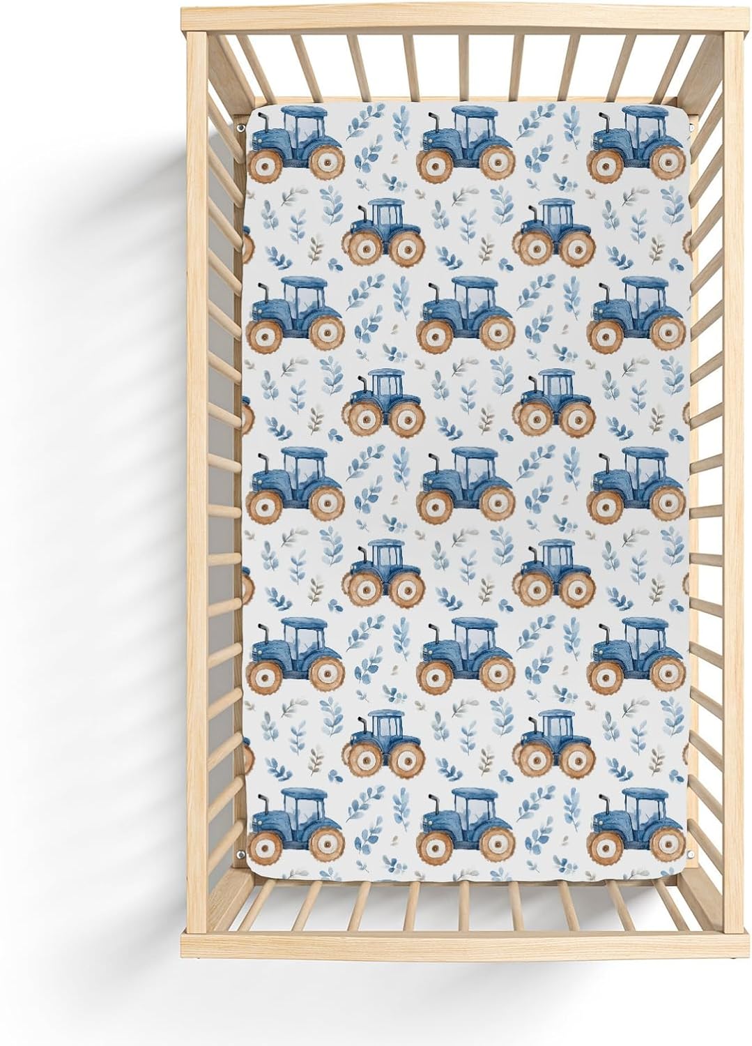 Blue Tractors Baby Crib Sheets for Boy Girl 52x28Inch Cute Farm Tractors Boho Leaves Soft Stretchy Fitted Crib Mattress Cover Farm Life Baby Sheet Fits Unisex Standard Bed and Toddler Mattress