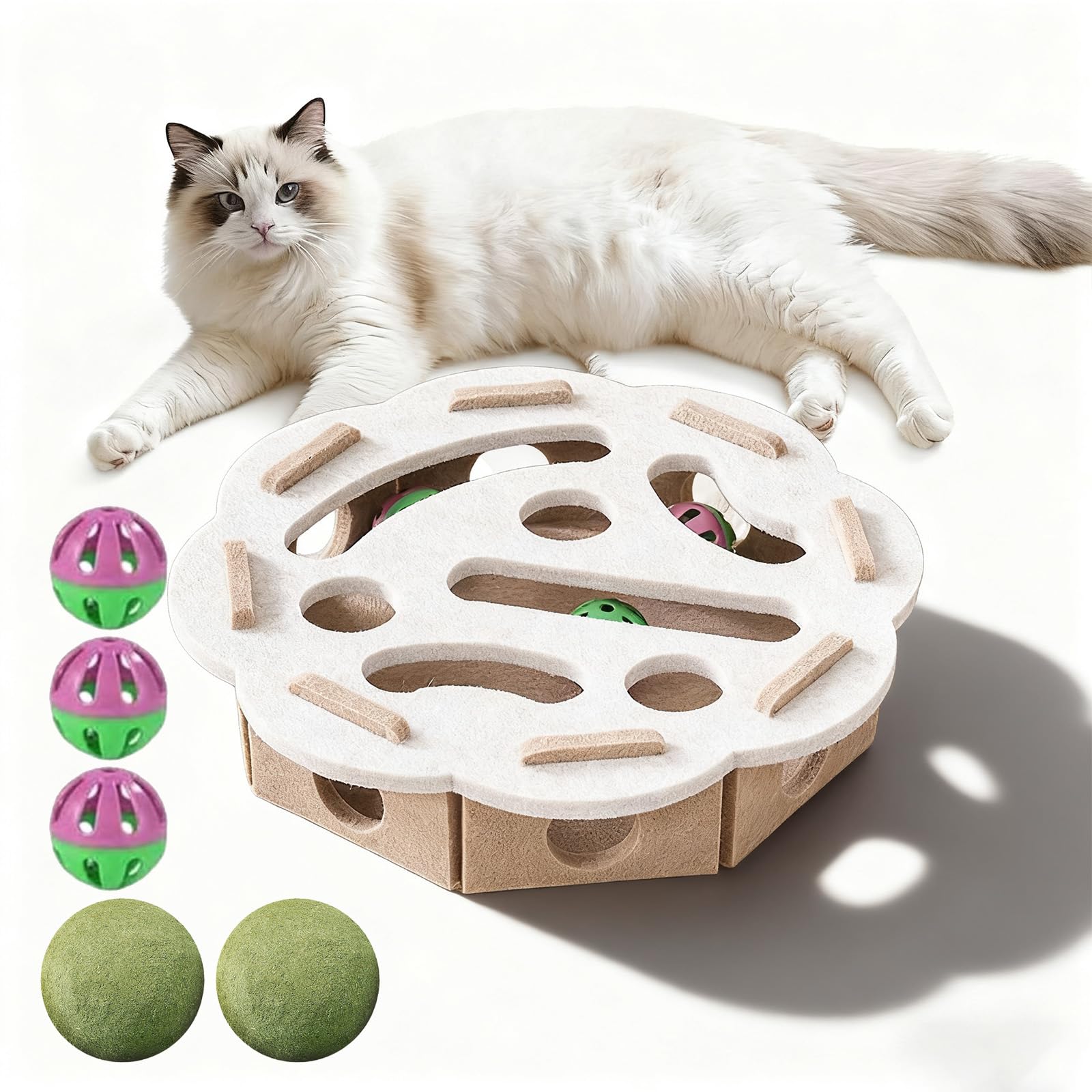 Cat Nail File Enrichment Box, Upgraded Cat Nail File Scratcher with Bell Balls, Cats Scratch Puzzle Enrichment Box: Nail File Stress Free Alternative to Clippers and Grinders (Flower-White, Finished)