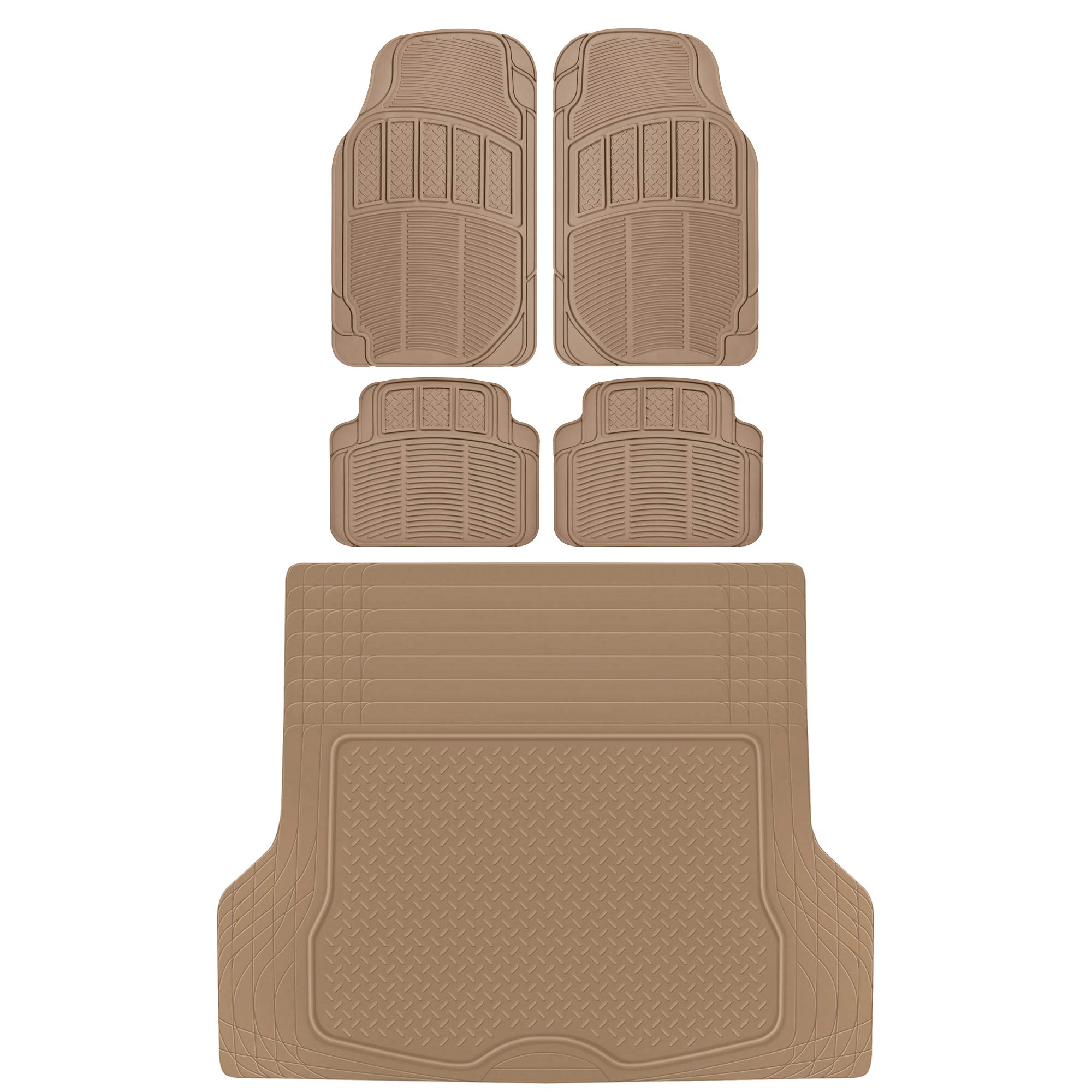 BDK Proliners Classic Rubber Car Floor Mats - 5pc Front & Rear +Trunk Cargo Liner Heavy Duty Trimmable Diamond Grid for Car Truck SUV Van