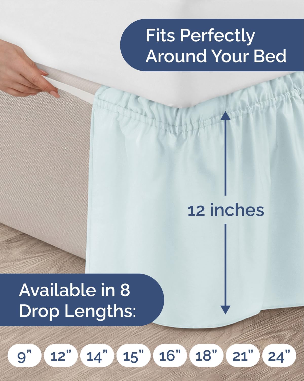 CGK Wrap Around Dust Ruffle Bed Skirt - King Size, 12 Inch, Ice Blue