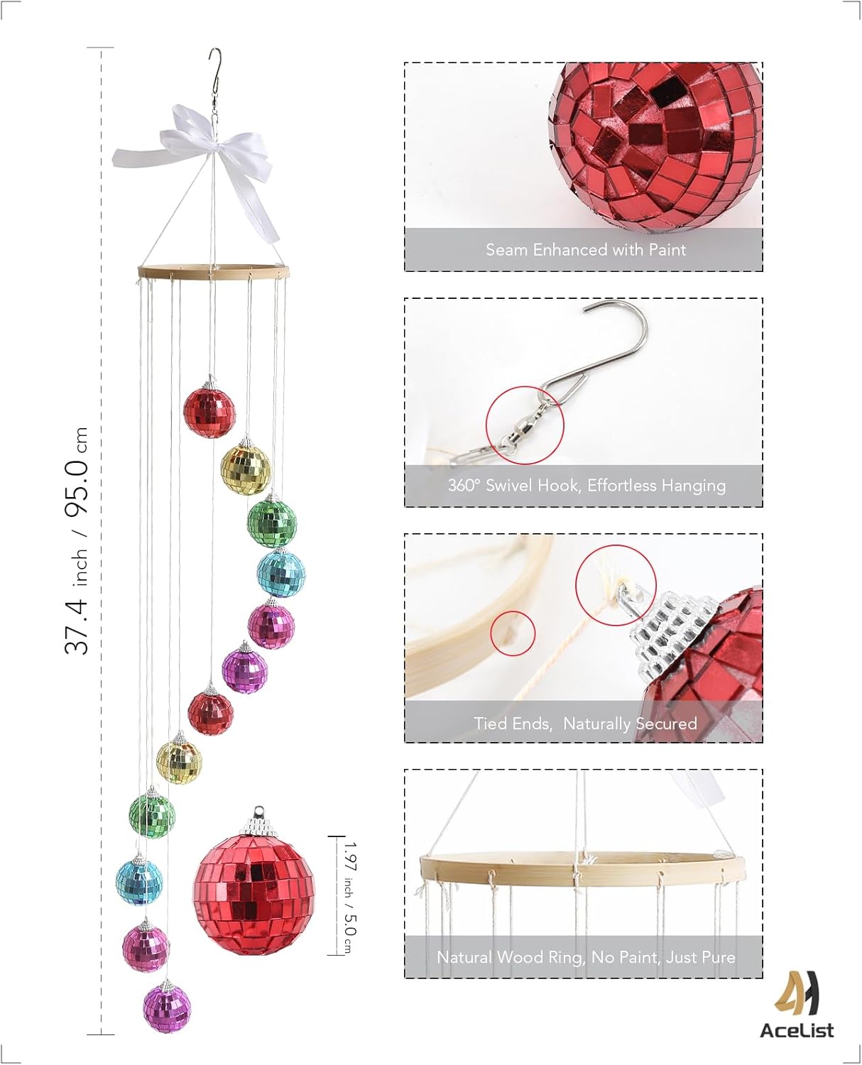 AceList Hanging Disco Ball Decor Rainbow Sun Catcher, 34.5 Inch Colorful Handmade Light Reflecting Hanging Decor for Window, Indoor Room, Patio, or Garden - Unique Sparkle Home Accent & Gift