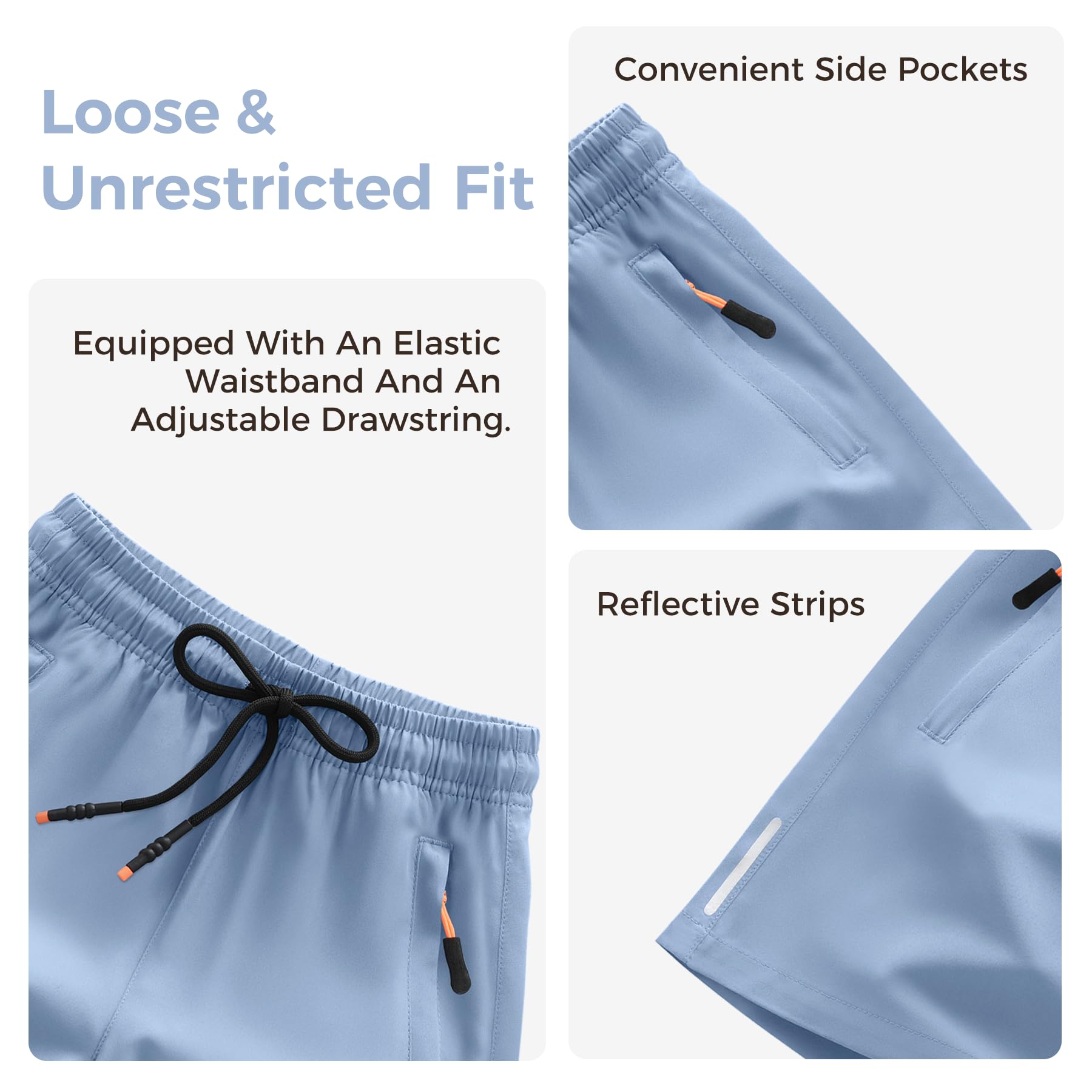 Pantalones cortos deportivos de secado rápido para niños con bolsillos con cremallera