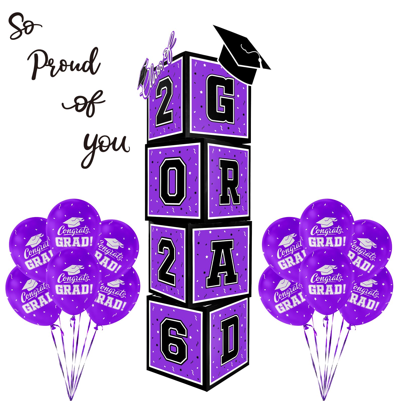2026 Graduation Decorations Set - So Proud of You - Class of 2026 Balloon Boxes for Memorable Grad Party Supplies, Indoor/Outdoor Congrats Grad Home Door Décor Essentials（ purple and black）