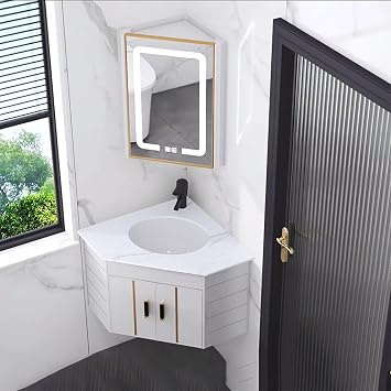 Corner Ceramic Sink Corner Bathroom Vanity Corner Vanity with Sink and Mirror Cabinet LED Mirror w/Anti-Fog Wall Mounted Bathroom Sink Cabinet Modern Bathroom Storage Cabinet for Small SpaceWhite