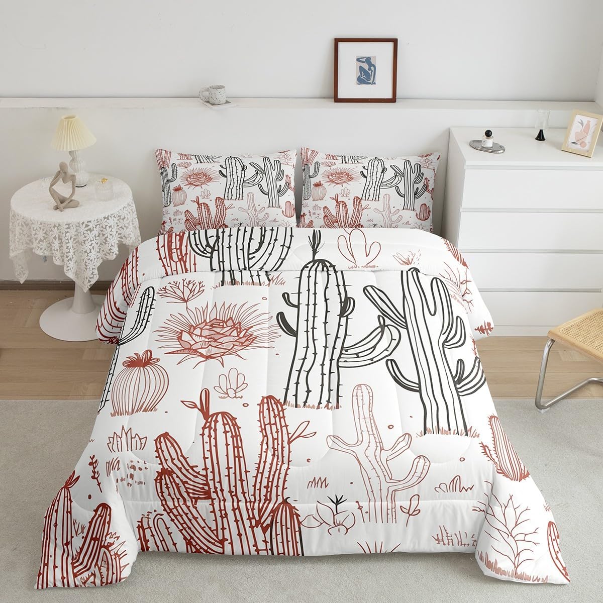 Feelyou Vintage Cactus Comforter Set Cactus Flower Floral Plants Bedding Set Queen Size for Kids Girls Mexican Vintage Cute Ivory Duvet Quilt