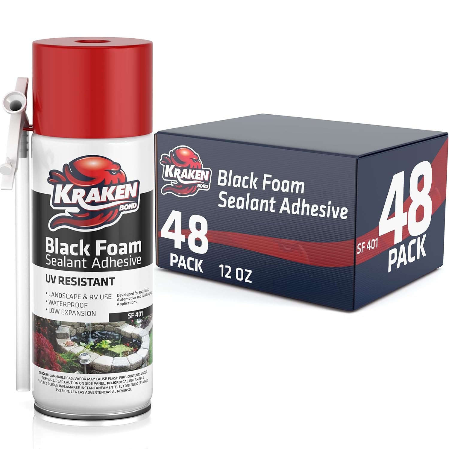 Kraken Bond Black Spray Waterfall Foam Sealant - (24x12oz) Expanding Polyurethane Pond Foam Sealer Black, UV Resistant Insulating Spray for Landscape & Exterior, Straw Use, 24 Pack