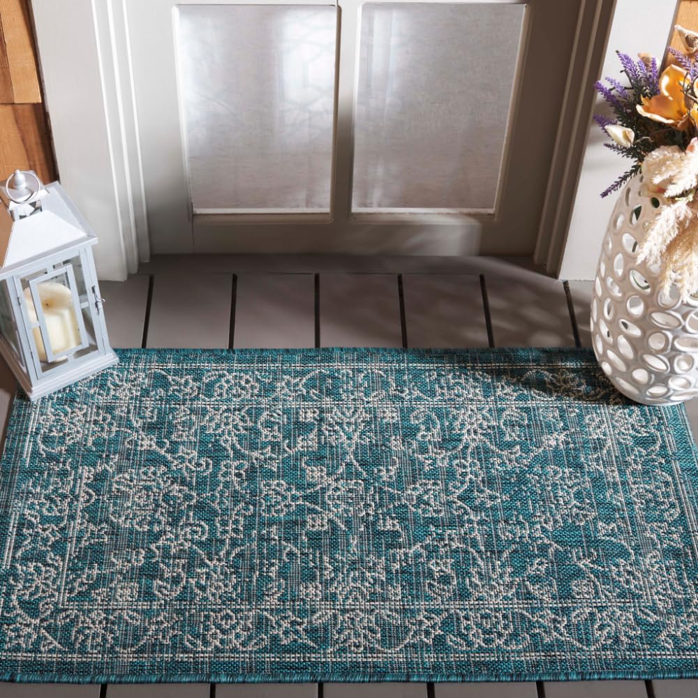 SAFAVIEH Washable Rug Outdoor Courtyard Collection - 2' x 3'7", Turquoise, Non-Shedding & Easy Cleaning, Ideal for Patio, Front Door, Entryway,