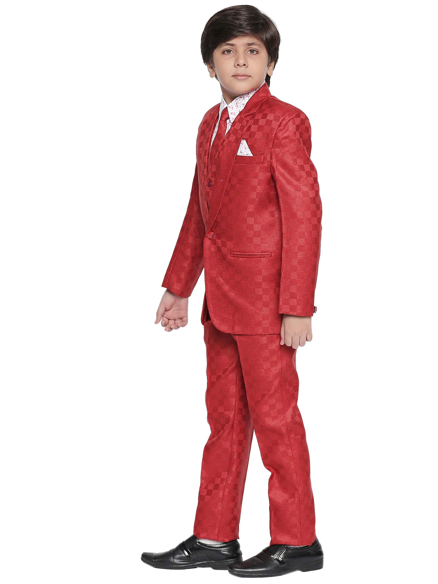 Jeetethnics Boys Red Checked Coat Suit Set with Waistcoat Shirt and Trousers (9061AJ)