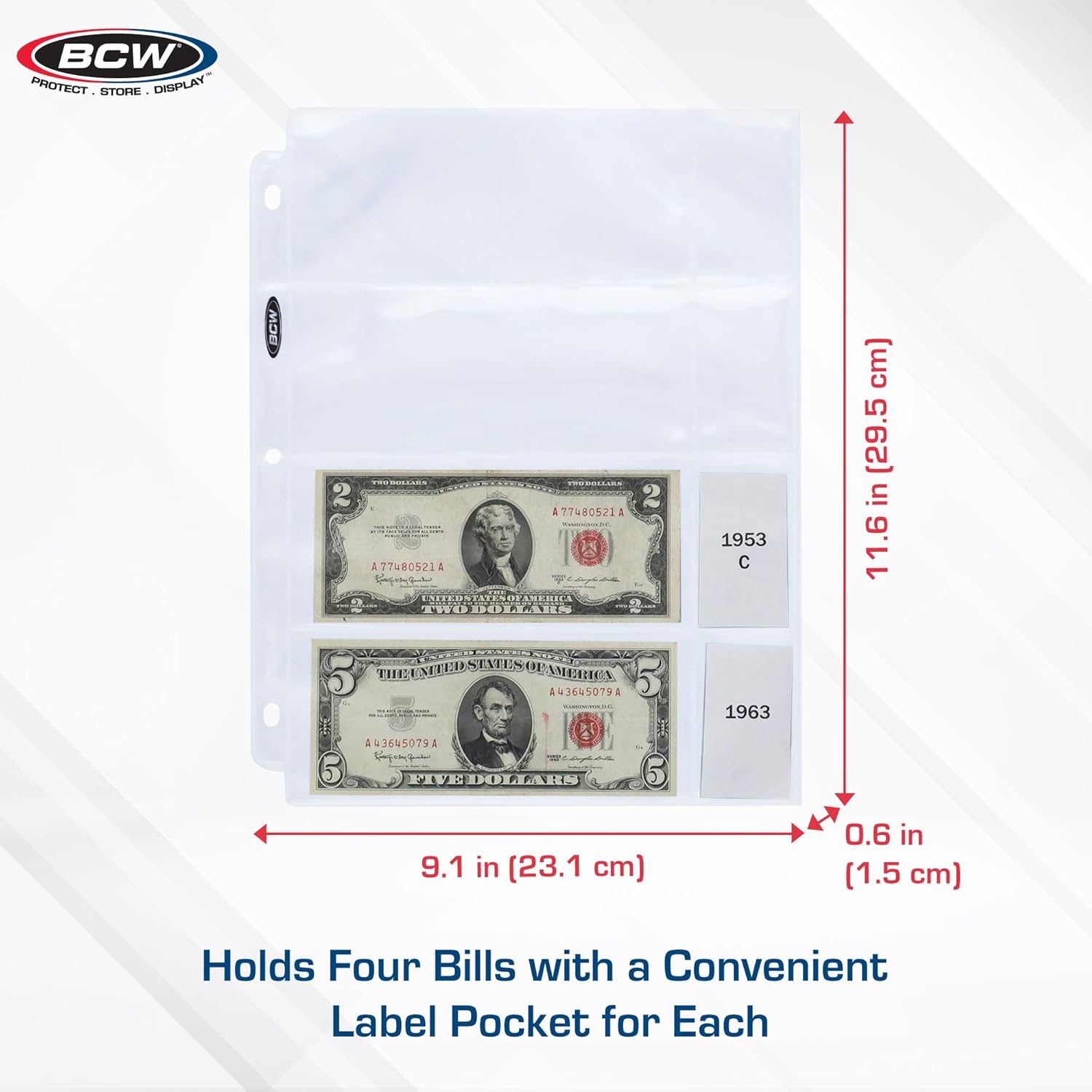 BCW 100 4-Pocket Currency Pages 2.75' x 6.5' BCW NEW