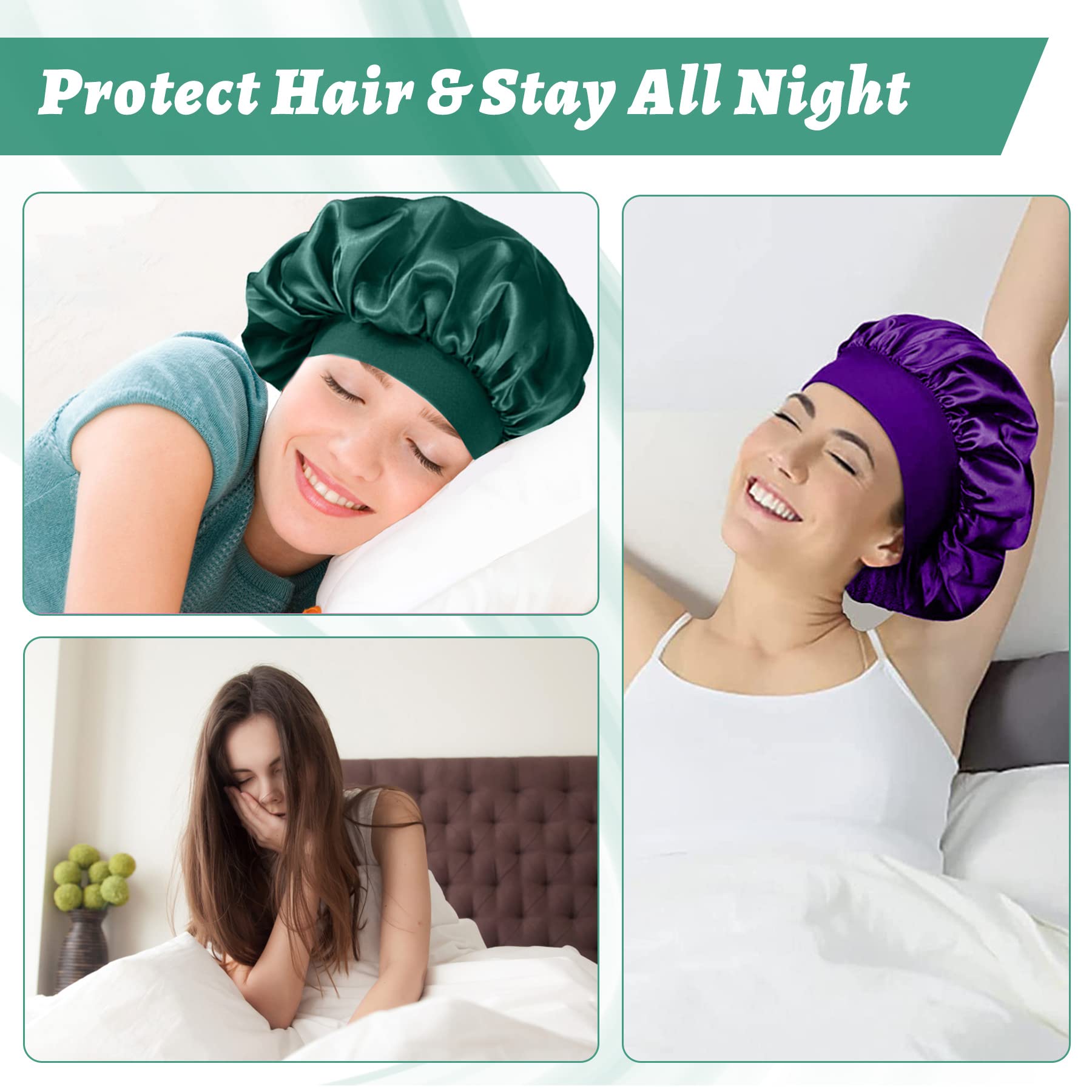 SOMLAW Pack of 4 Satin Bonnet Night Sleeping Cap with 4 Elastic Hair Bobbles, Adjustable Night Hat, Bonnet Sleeping - Image 3