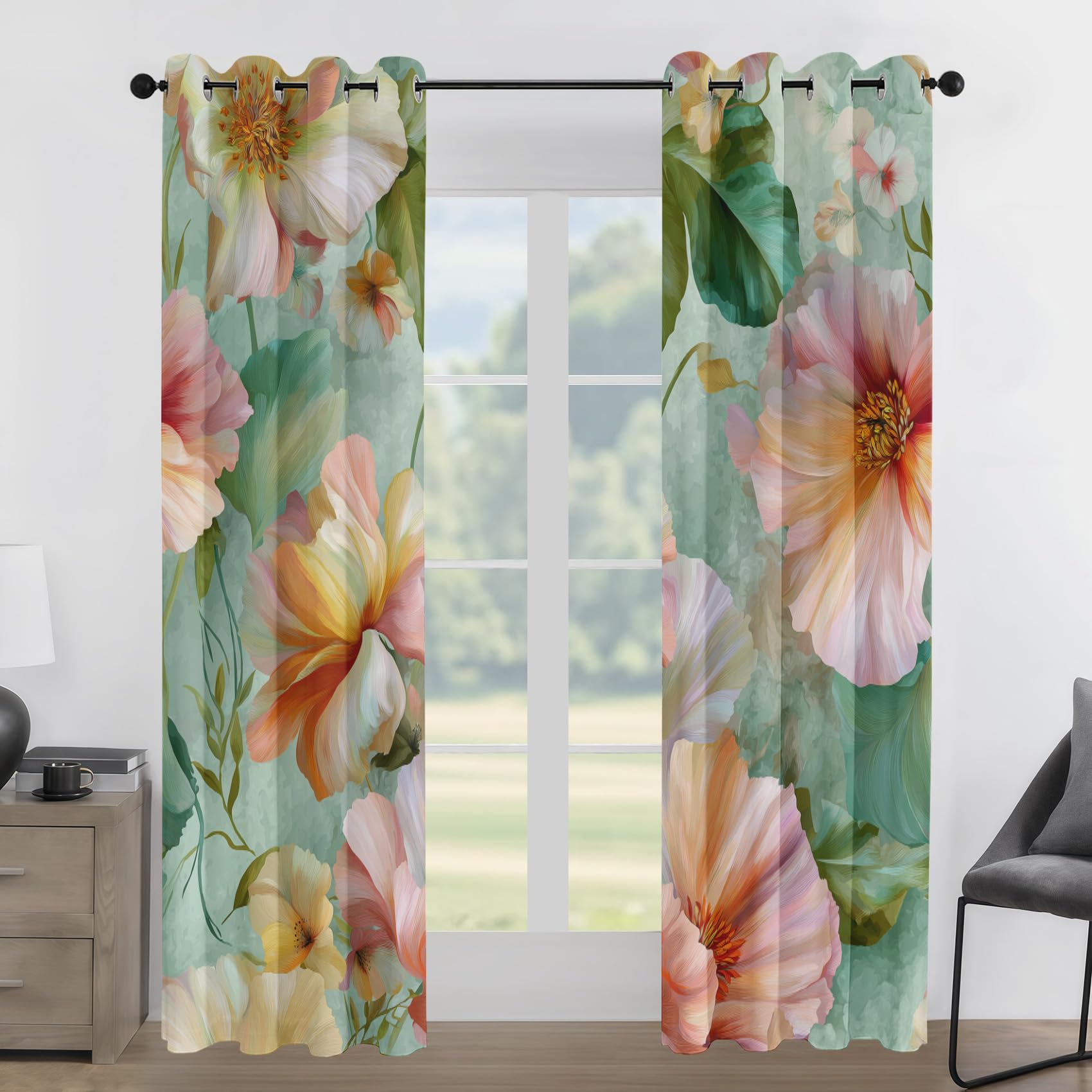 Generisch Rosa Orange Blume Vorhänge Aquarell Vorhang Blickdicht, Gardinen mit Ösen 2er Set, Thermovorhang für Wohnzimmer Schlafzimmer Fenster Deko H 245 x B 140 cm K20p